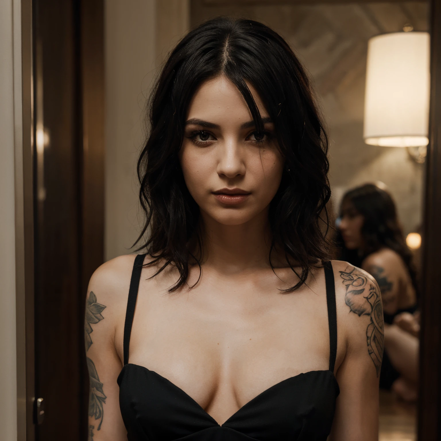 Mafia women, short black hai,r wavy hair, simple, black dress, arms, tattoo in the hands, black eyes, accessoires