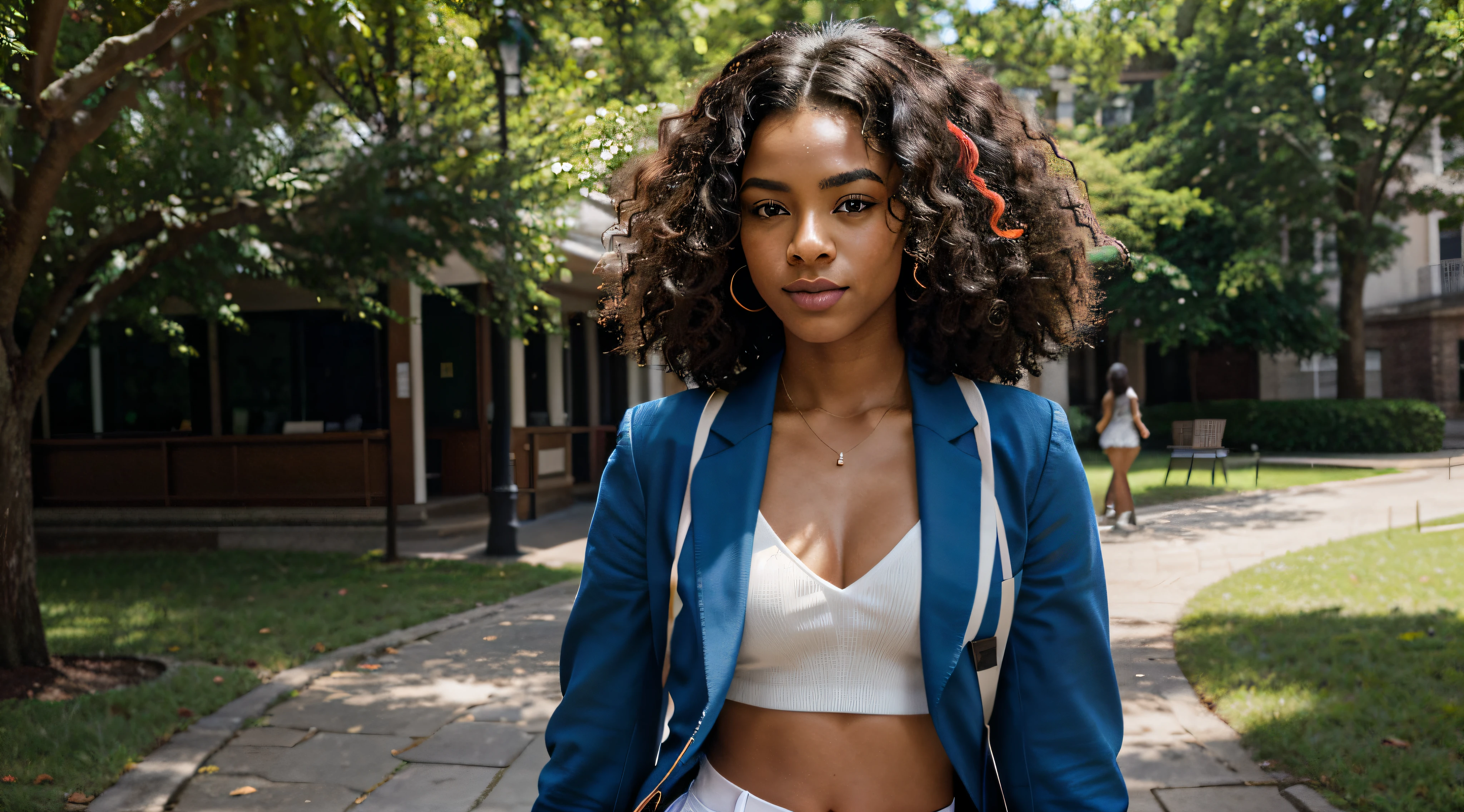 In the vibrant glow of a sunlit afternoon on the university campus, a striking Afro-Brazilian model with a magnificent black power hairstyle, adorned with playful streaks of color, exudes confidence and individuality as she gracefully strolls through the grounds.

Dressed in a stylish ensemble, the model's clothing reflects her vibrant personality. She wears a fashionable blue blazer that adds a touch of sophistication, paired with a crisp white blouse for a classic and timeless look. The sunlight bathes the campus in warmth, creating a captivating play of light and shadows on the cobblestone paths and surrounding greenery.

Her black power hair, a symbol of strength and beauty, frames her face with natural elegance. Playful streaks of color, carefully woven into the curls, catch the sunlight, creating a dynamic and eye-catching effect. Shadows beneath the curls add depth, enhancing the overall visual impact.

Facial features are carefully portrayed, capturing the essence of a confident and radiant demeanor. High cheekbones and captivating, slightly narrowed eyes contribute to an air of grace and sophistication. The lips are full and expressive, enhancing the model's charismatic presence.

The camera angles offer various perspectives, capturing the model in motion as she navigates through the campus scenery. The vibrant streaks of color in her hair stand out against the lush greenery, creating a visually stunning and celebratory display of individuality and diversity.

This detailed image prompt aims to celebrate the radiant diversity and individuality of an Afro-Brazilian model with black power hair adorned with colorful streaks, showcasing her beauty and confident presence on the university campus.