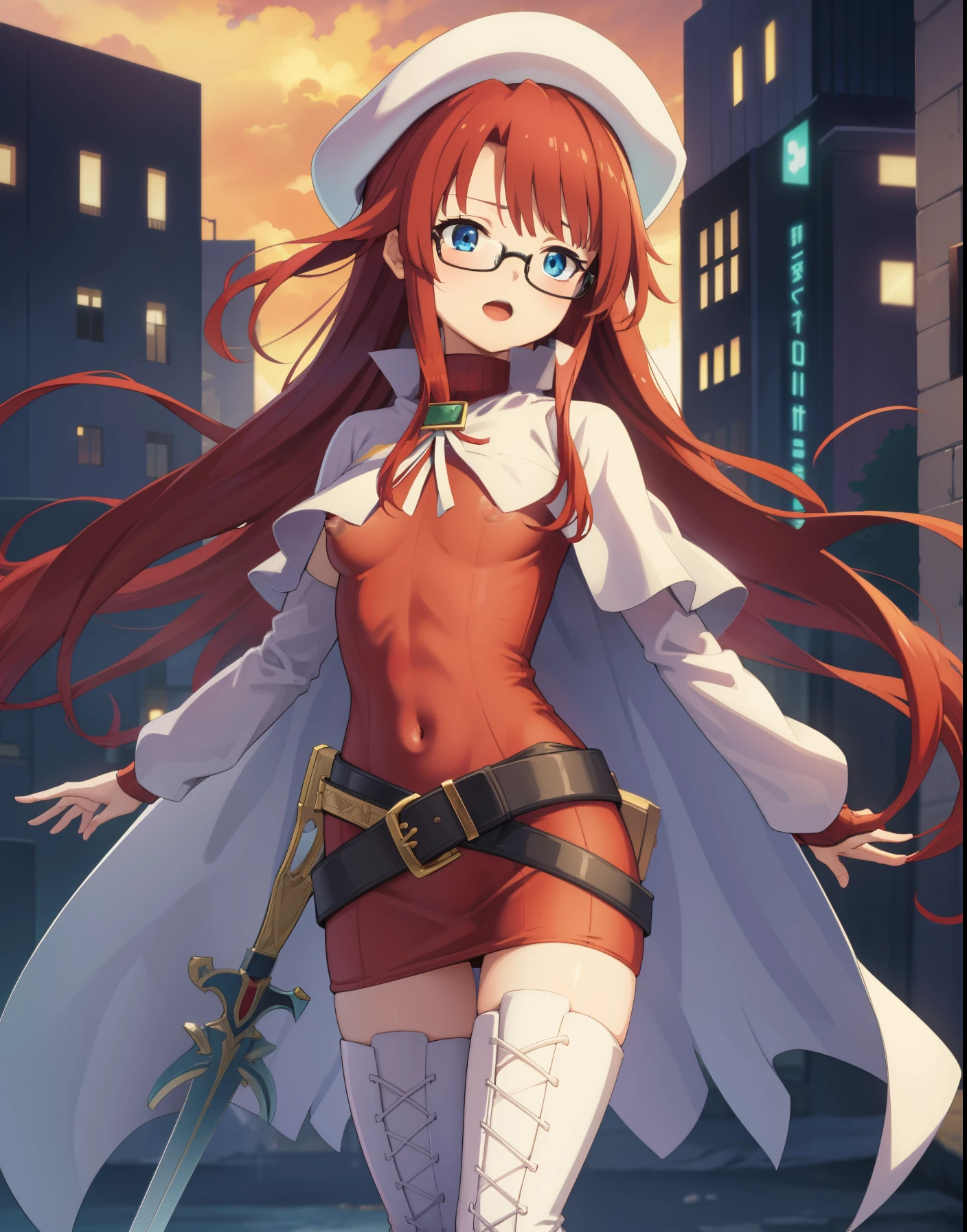summonnightaty, aty, long hair, blue eyes, red hair, beret, hat, glasses,
BREAK long hair, thighhighs, hat, dress, boots, glasses, belt, cape, sweater, zettai ryouiki, beret, thigh boots, white footwear, ribbed sweater, loose belt,,
BREAK outdoors, fantasy_city,
BREAK (masterpiece:1.2), best quality, high resolution, unity 8k wallpaper, (illustration:0.8), (beautiful detailed eyes:1.6), extremely detailed face, perfect lighting, extremely detailed CG, (perfect hands, perfect anatomy),(covered_nipples:1.3),covered_navel,light_smile,dynamic_posing,(half_eyes:1.2),light_open_mouth,sword,walking,