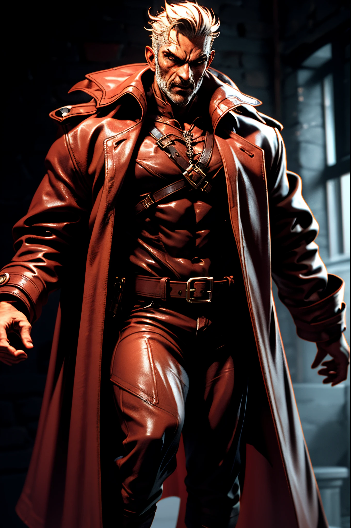 An elderly person, long white hair, tall and muscular, wearing a Gothic-style red leather trench coat, a vampire hunter, draculacastlevania, ((3D)), unreal engine, physically-based rendering, noble, high definition, best quality, highres, ultra-detailed, ultra-fine painting, extremely delicate, professional, anatomically correct, symmetrical face, extremely detailed eyes and face, high quality eyes, creativity, RAW photo, UHD, 8k, Natural light, cinematic lighting, masterpiece-anatomy-perfect, masterpiece:1.5