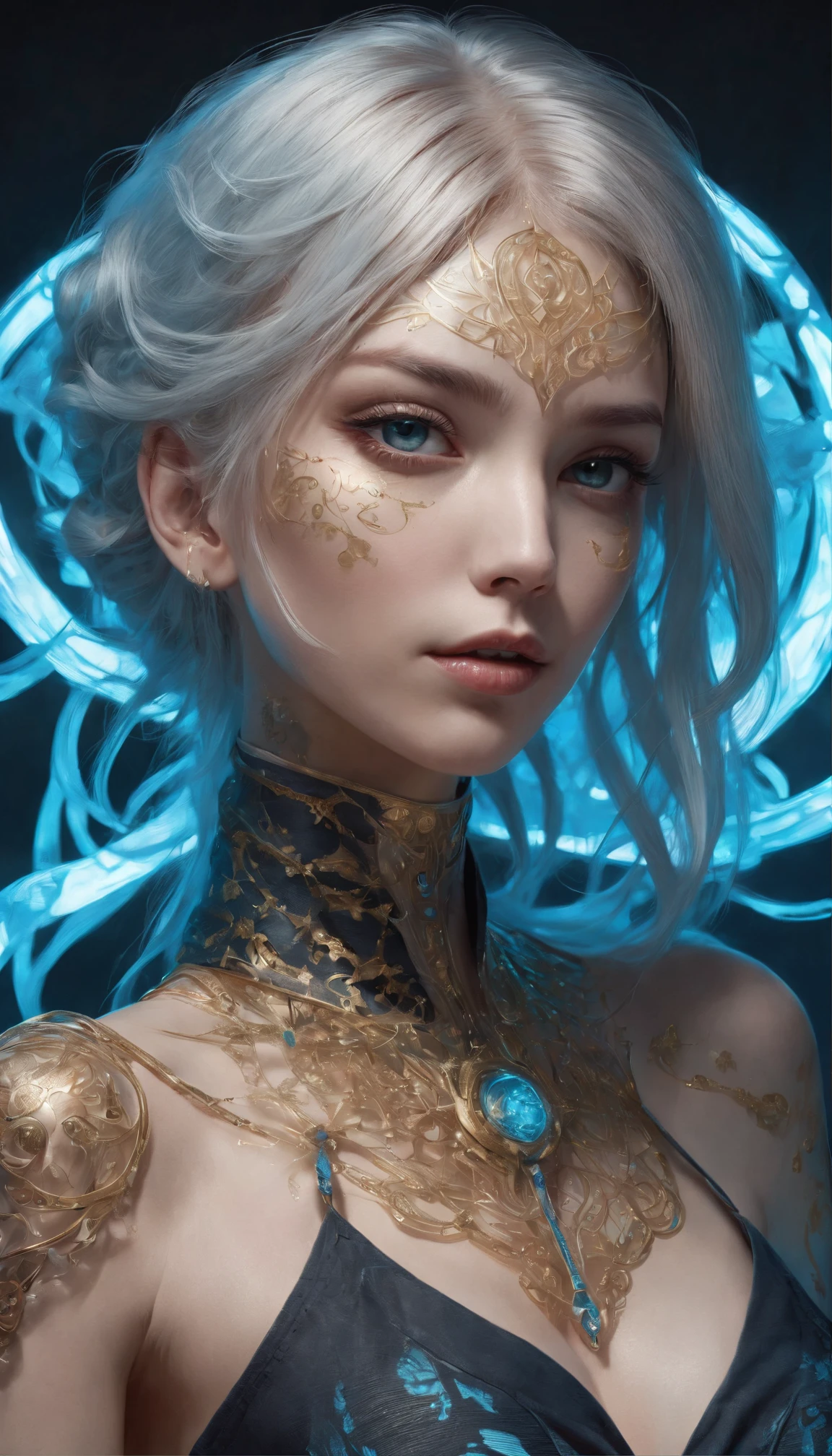 Full body, low angle, wide angle, insanely hyper-detailed and intricate realistic, corrupted female, ((black-gold glowing tattoo on shoulder)), messy platinum hair, sunny, active pose, long legs, slender body, ice flowers (((luminescent circuitry patterns that glow with an eerie blue hue))), detailed face, detailed skin, front, frozen forest in background, choker, hyperdetailed painting, luminism, Bar lighting, complex, 16k resolution concept art portrait by Greg Rutkowski, Alphonse Mucha