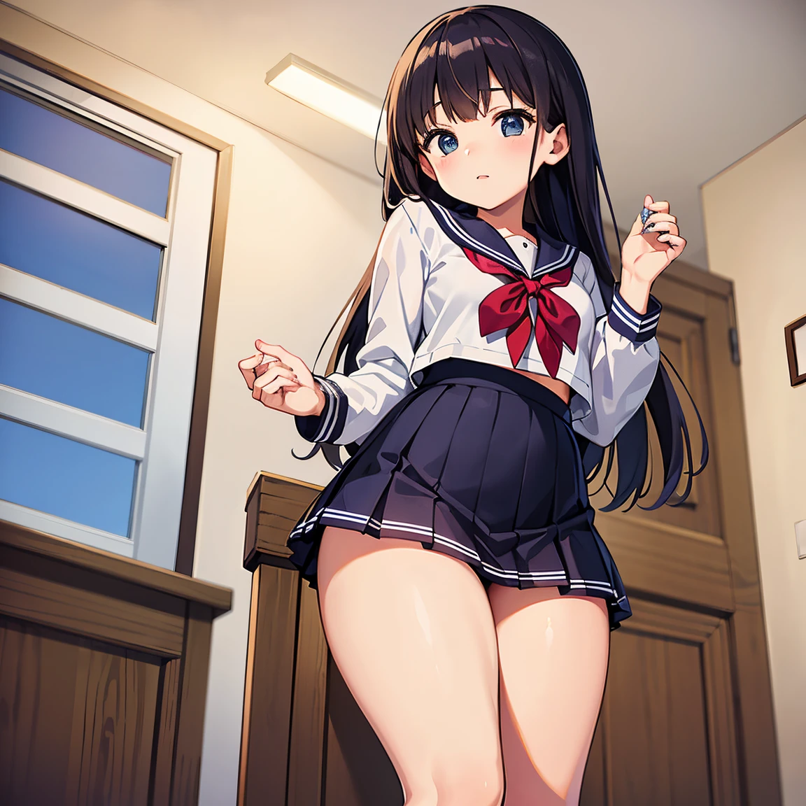High school girl in a sailor suit in a thick miniskirt in the infirmary