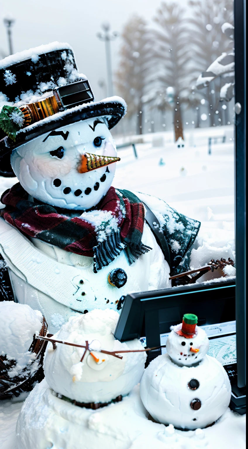 (((snow man))), empowered, hacking computer, stream, seam, steampunk, gears