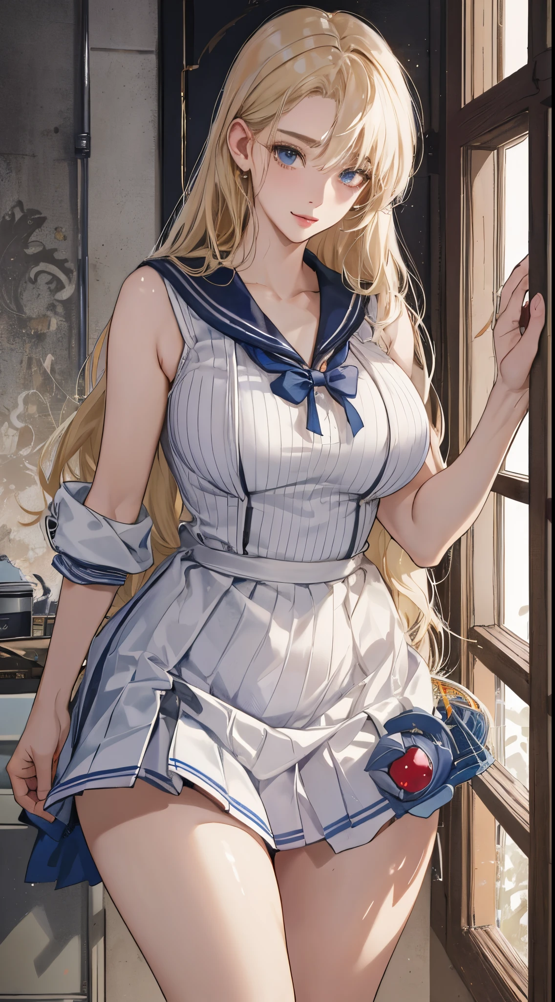 top-quality、realistic touch,high-detail、photoRealstic、、Long body、skirts that are too short、big eye、Her big breasts are so swollen that they threaten to tear her clothes.......................、Strong platinum blonde eyelashes、platinum-blonde、Beautie、A sexy、full body Esbian、Sparkling eyes、Submissive smile、Flushed cheeks、Kamimei、thin-waist、Sleeveless、Voluptuous thighs、Enraptured look、High school student in sailor suit、Standing、Standing bangs