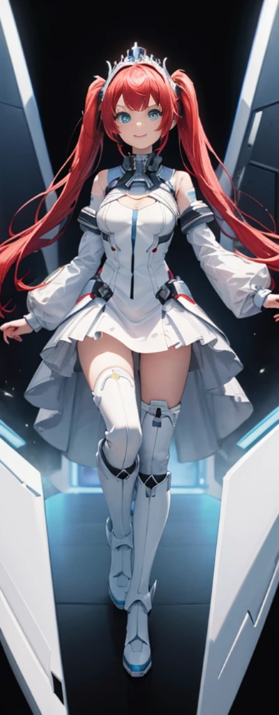 （fully body photo：1.4），white backgrounid，（1 Mech girl，Flash fluorescence，Hats，mechs，Delicate tiara，ssmile），（paper art，Quilted paper art，geometry），（Lots of colors，Best quality at best，high detal，tmasterpiece，movie light effect，4K，lightand shade contrast），Colossal tits，red hair clothes，pigtails，Blue knee-length boots，mecha girl，eBlue eyes，Blonde hair，pigtails