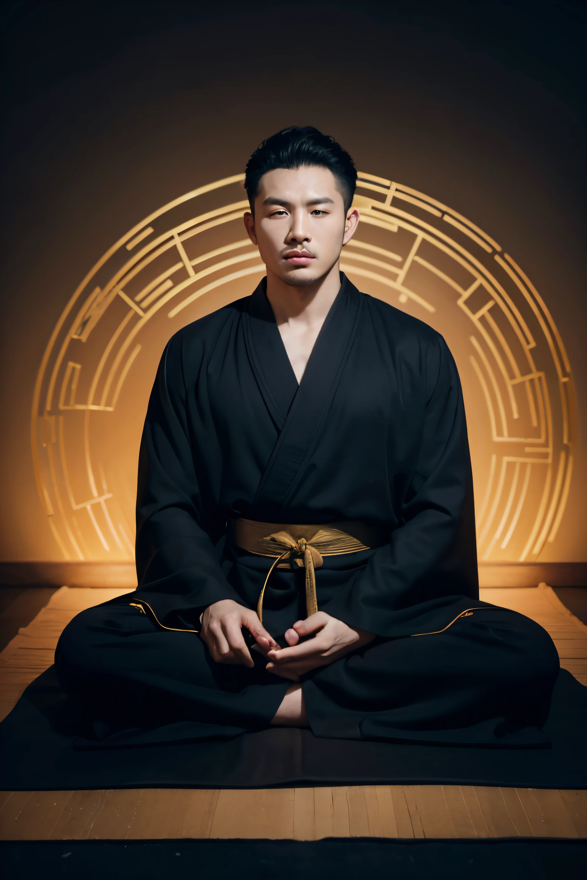 A 33-year-old Chinese man wearing a black robe sits on a black mat with his hands folded,Meditation inspired by Gong Kai, in meditation posture, praying pose, wearing a long flowing robe, zen meditation, Wearing gilded black robe, in meditation posture, Handsome-looking。Blank background,Sitting