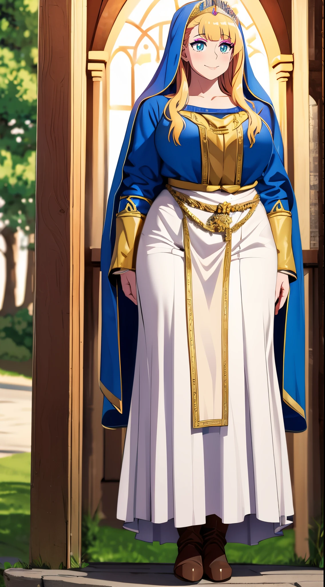 galko,1girl, solo, smile, full body, standing, long skirt, priestess, religious, holy, cute, blush, ,tall female, medieval clothing, white veil, tunic, long skirt,boots, huge brest, curvy,sexy, sensual, volouptouse, thicc, , jade green eyes, makeup, half lipstic,