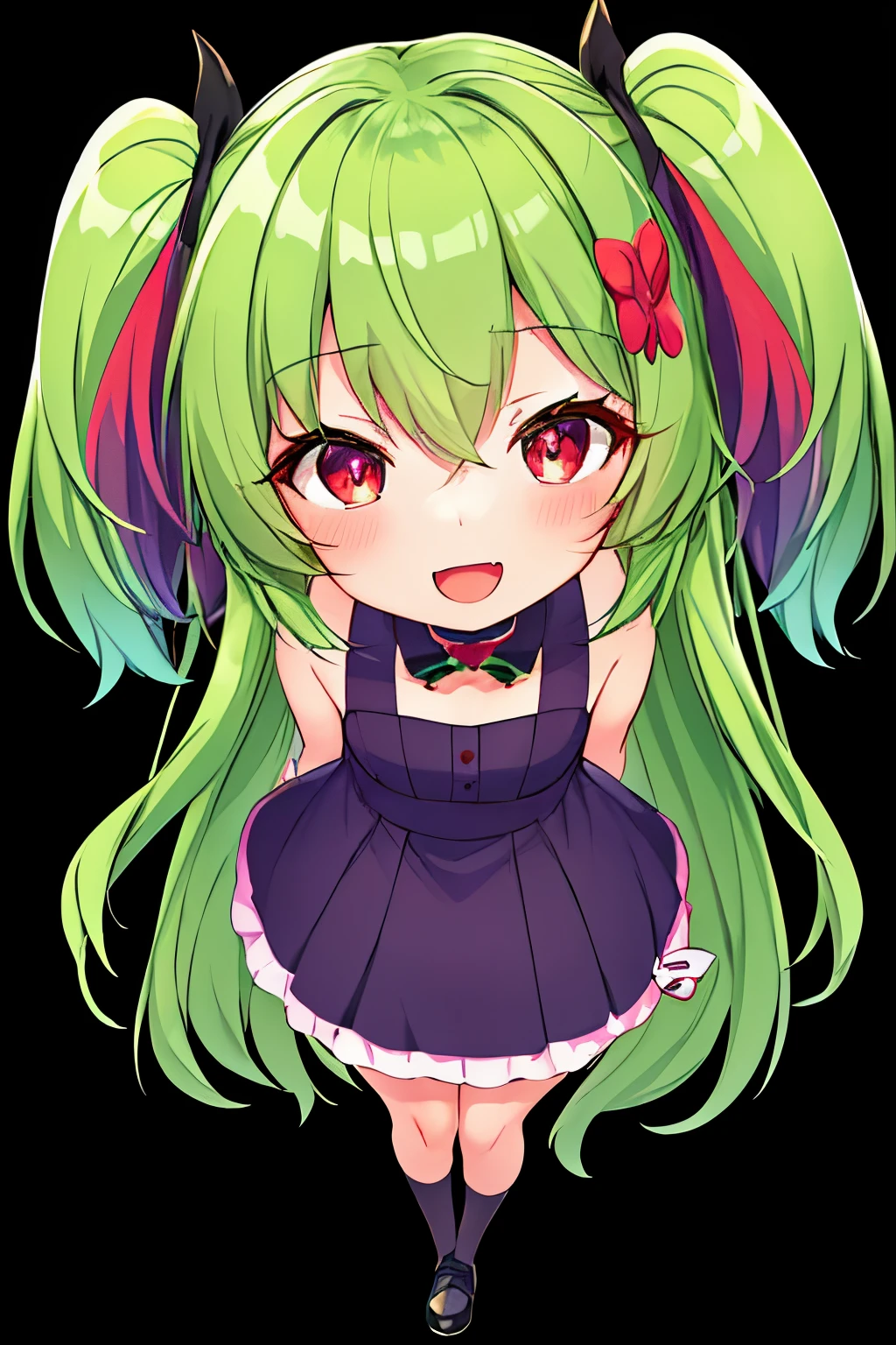 Full body, Upright, Arms at sides, Looking at Viewer, Simple background, 1girl in, Open mouth, Smile, Virtual Youtuber,Green hair,two tone hair、Pig ears、Goth **** Fashion,Red Eyes,Colorful hair、hairaccessories、Green and pink hair、Fancy hair color