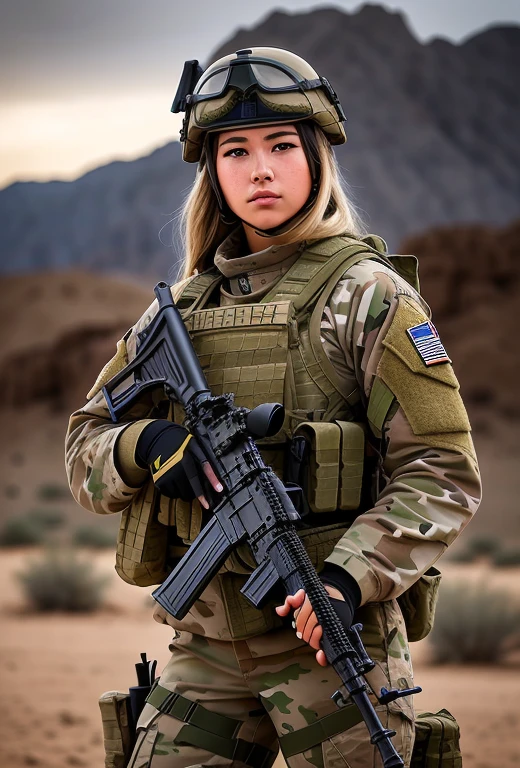 Alafi female soldier with rifle in desert area，The background is the house, beautiful female warrior, portrait of a woman warrior, Wear tactical gear, rugged soldier, military girl, portrait of soldier girl, Wearing tactical armor, Military photography, infantry girls, soldier girl, Sniper girl in war, Portrait shooting, future soldier clothing, korean soldier