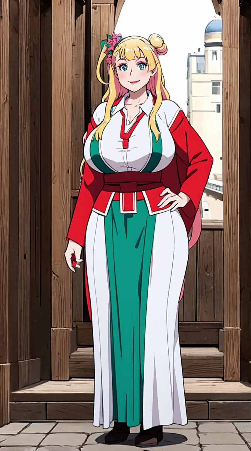 galko,1girl, solo, smile, full body, standing, long skirt, priestess, religious, holy, cute, blush, ,tall female, medieval clothing, white veil, tunic, long skirt,boots, huge brest, curvy,sexy, sensual, volouptouse, thicc, , jade green eyes, makeup, half lipstic,red lipstick