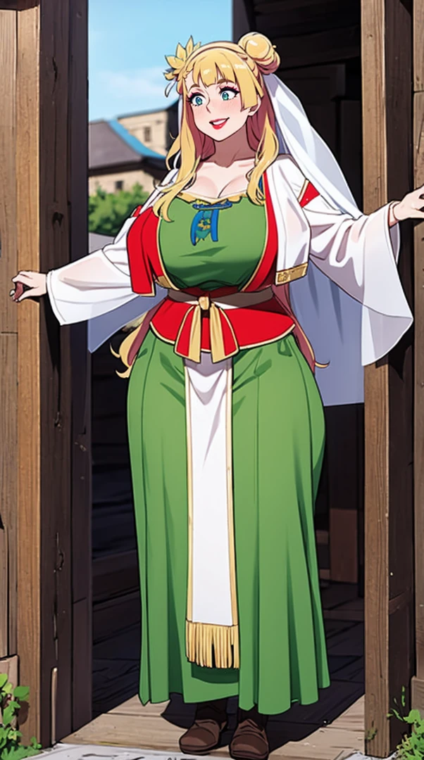 galko,1girl, solo, smile, full body, standing, long skirt, priestess, religious, holy, cute, blush, ,tall female, medieval clothing, white veil, tunic, long skirt,boots, huge brest, curvy,sexy, sensual, volouptouse, thicc, , jade green eyes, makeup, half lipstic,red lipstick