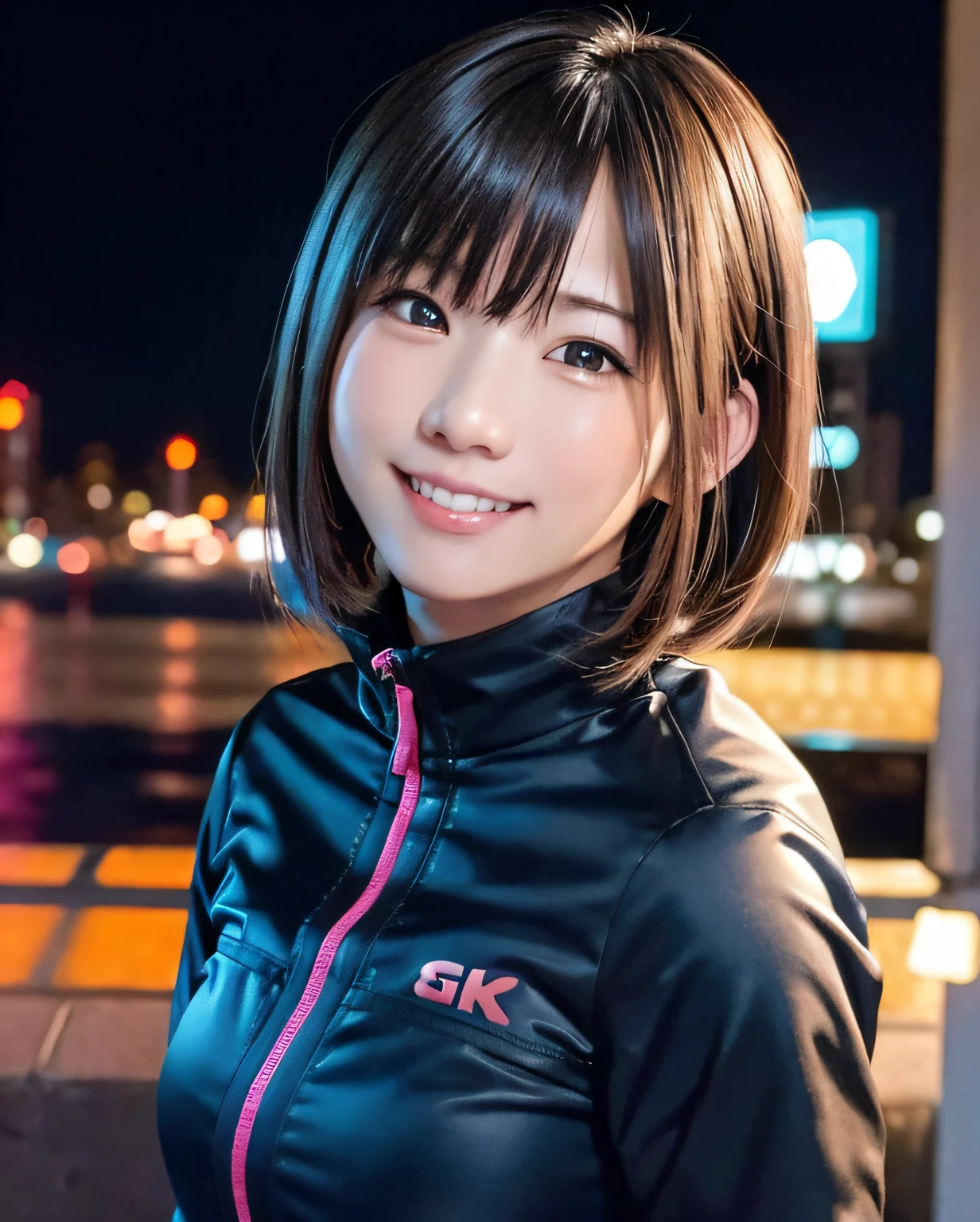 1girl, Tokyo street,night, cityscape,city lights,upper body,close-up,smile,, (8k, RAW photo, best quality, masterpiece:1.2),(realistic, photo-realistic:1.37),