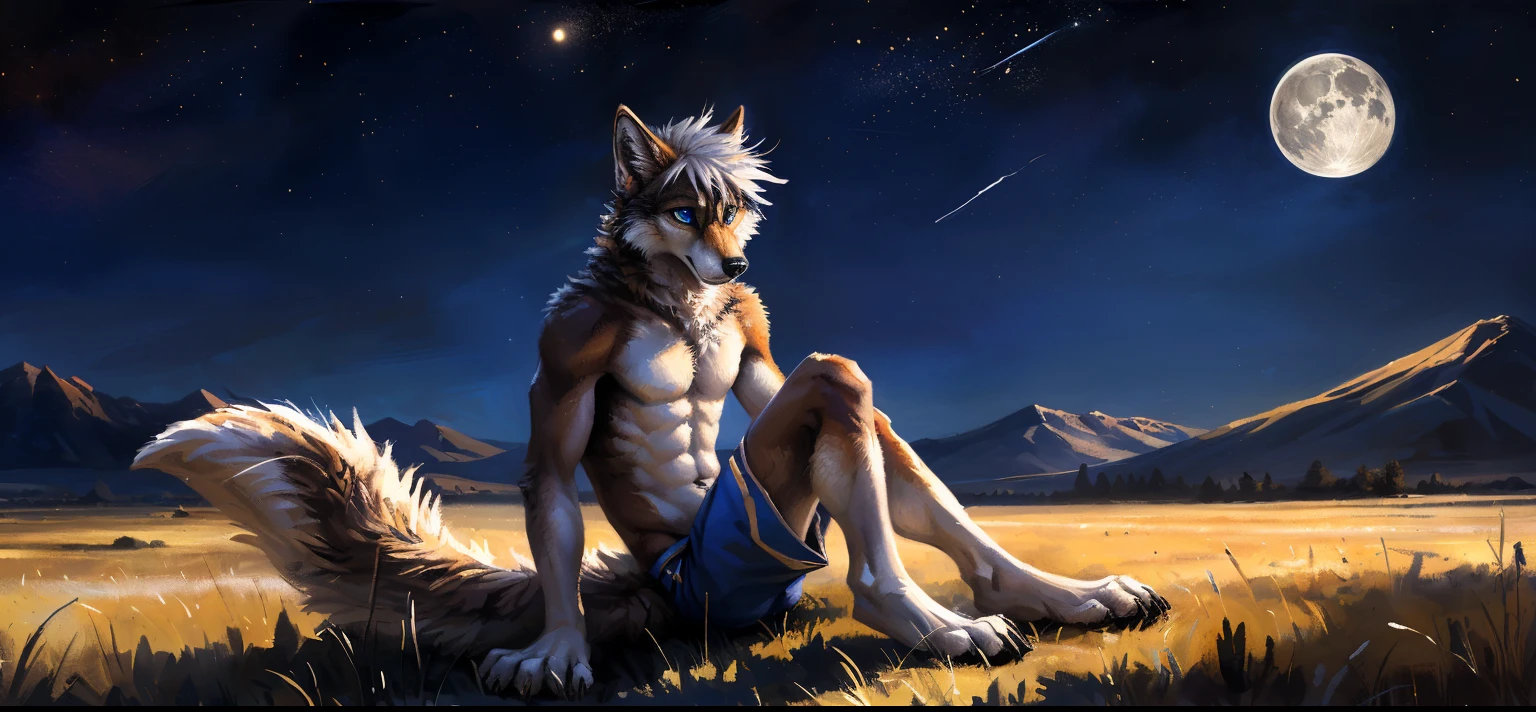 ((Solo)), male people, anthro wolf, (Multi-colored fur, White-brown:1.3, White tail pointed), (Height 2.3 meters,Tail length 1.2m), ((Wolf face, White hair, Big eyes, White eyelids, Blue pupil, Slim:1.2) (Tough, Calm expression:1.2)), Abs, Slim, pinging)), (Correct body anatomy), (Work shorts:1.1), The upper body is naked, (detailed outfits),A long big tail,Feet,Long legs,(Realistic fur, Detailed fur texture, labeled:1.3)), (Natural lighting), Photorealistic, Hyperrealistic, ultradetailed, by Kenket,the night,Sit alone,Endless grasslands,Look at the full moon,It was dark,Starry
