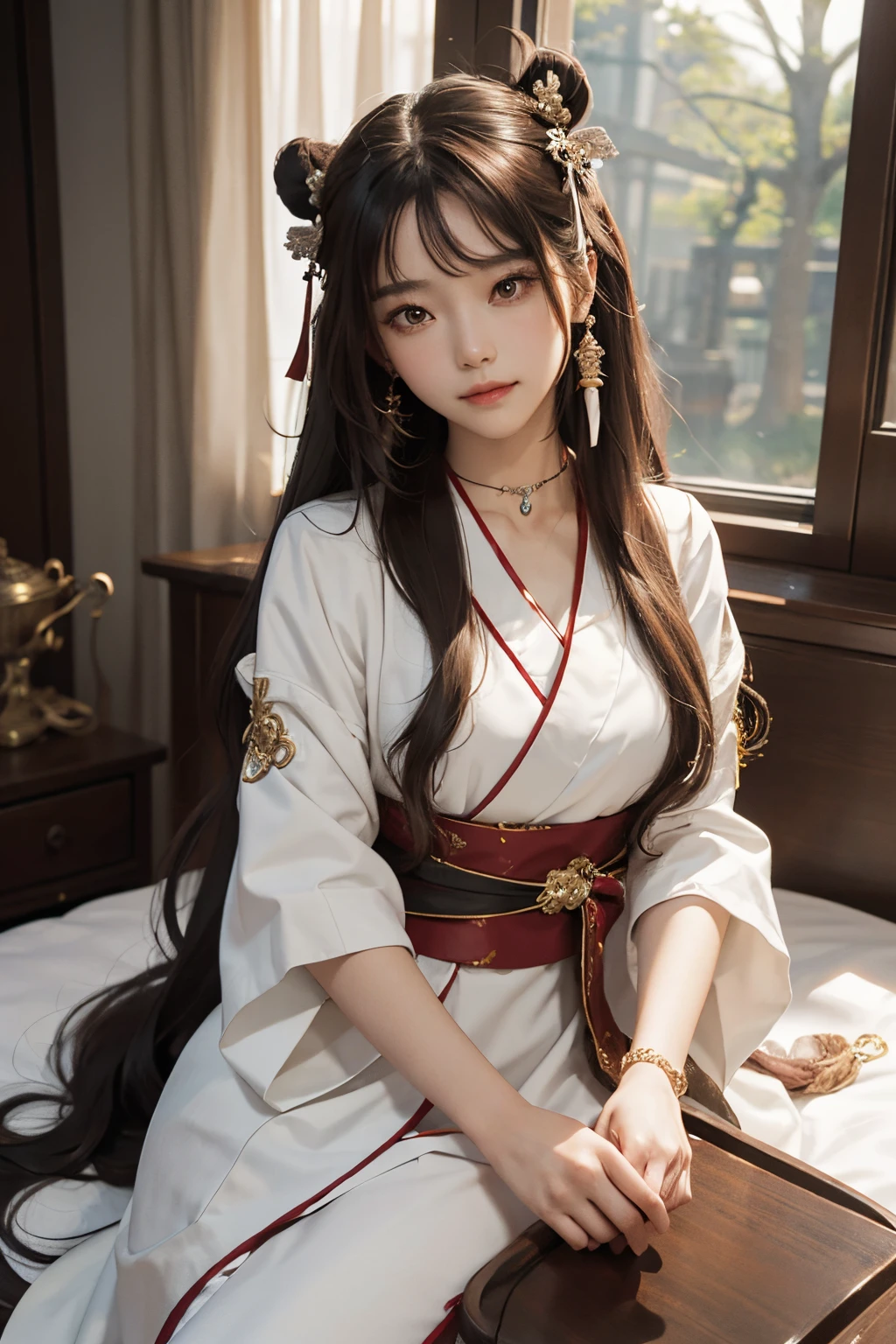 8K分辨率,Works of masters,超高分辨率,Exquisite facial features,s the perfect face,Girl,solo person,smile,long white hair,A brown-haired,Princess Roll,Bracelet,choker necklace,Bow hair ornament,feathers hair ornament, Hanfu,sitting sideways,窗帘,Beds,Cinematic lighting,Contour light