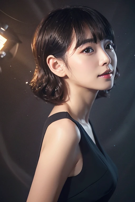 (top-quality、8k、32k、​masterpiece、UHD:1.2)、Photo of a cute Japanese woman、tiny chest、Wet lips、Profile turned around、Very short hairstyle、Illumination background、Black dress、Skinny