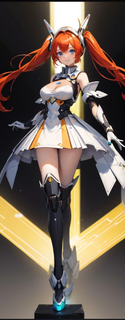 (Full body photo:1.4),white backgrounid,(1 Mech girl,Flash fluorescence,Hats,mechs,Delicate headgear,ssmile),(paper art,Quilted paper art,geometry),(Lots of colors,Best quality,high detal,tmasterpiece,movie light effect,4K,lightand shade contrast),Colossal tits,red hair clothes,pigtails,Over the knee black silk,mecha girl,eBlue eyes,Orange hair,pigtails