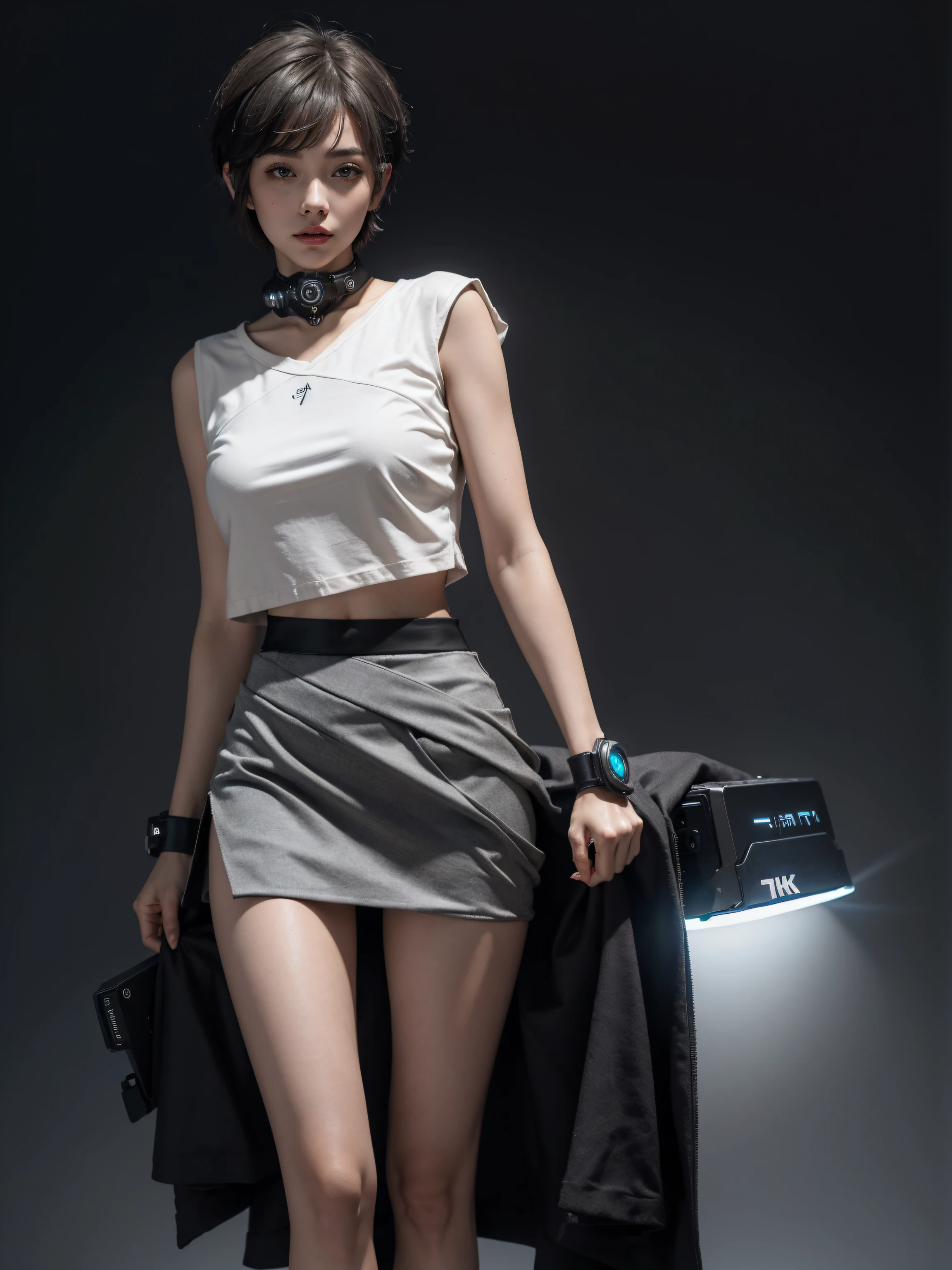 ((gray background, short skirt, short hair)) 8K uhd, materpiece, a beautiful girl, detaild eye, good face, detaild eyebrow, beautiful outfit, lighting outfit, cyberpunk, Cyberspace, cyberpunk shining outfit, neon effect, many color of lighting, whole body capture,