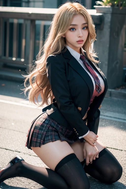 1girl in, ((Blue eyes)), Seductive face, ((In the name of Minaj)), wide hips, huge tit, Big ass, (Best Quality, 8K, masutepiece: 1.3)) ) , Clear focus: 1.2, Perfect Body Beauty : 1.4, Slender Abs: 1.2, Wet body: 1.5, Highly detailed face and skin texture, Detailed eyes, Double eyelids, long_Blonde_hair, Long legs, Blazer Uniform_brown, school shirt, Plaid_Skirt, tie_Black, thigh highs_cover_Stockings, Kneeling, japanese neighborhood