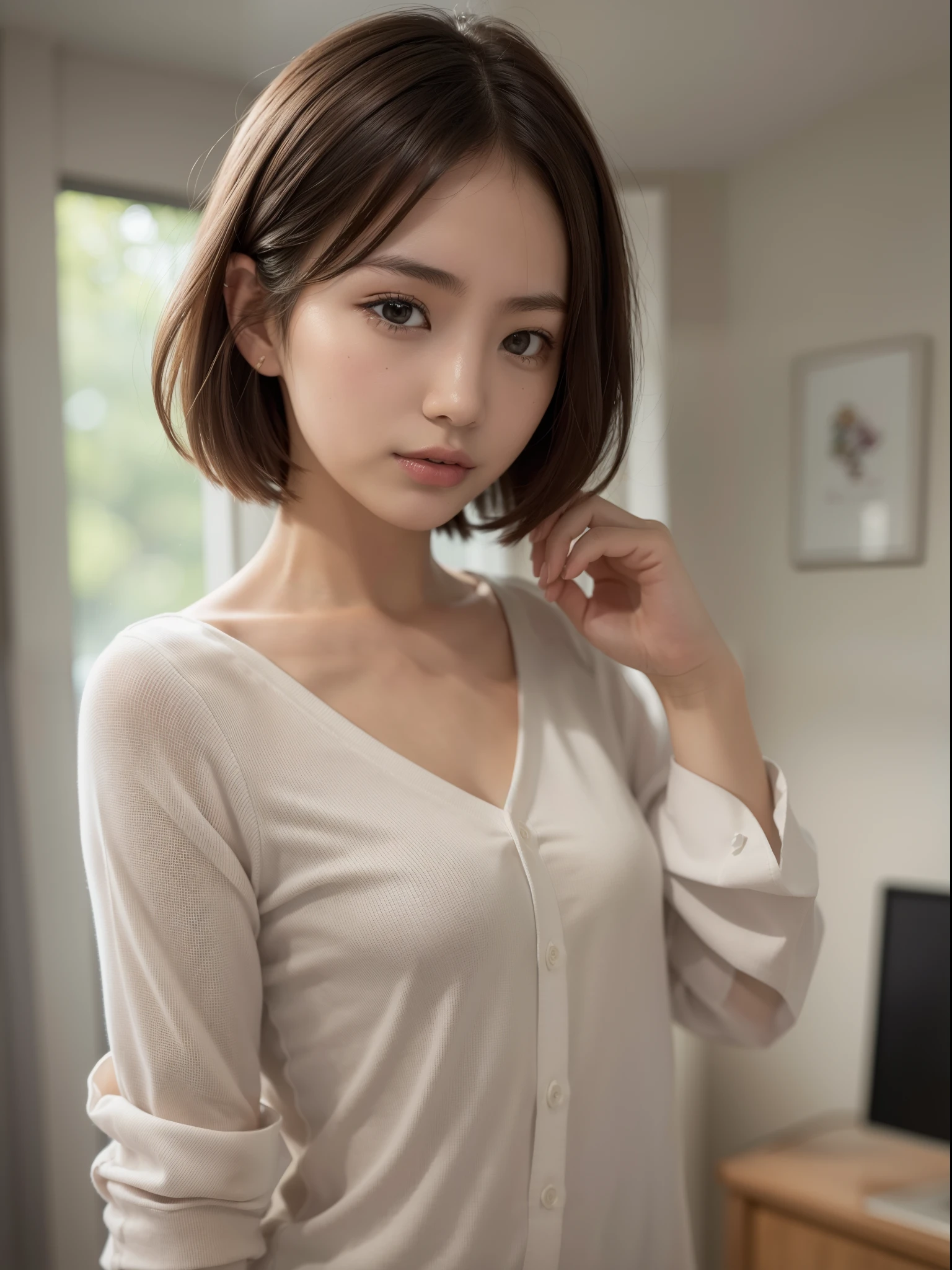 ((of the highest quality, 8K, masutepiece: 1.3, Raw photo)), Sharp Focus: 1.2, (1 AESPA Girl :1.1), (Solo: 1.1), (Realistic, Photorealistic: 1.37), (Face Focus: 1.1), Cute face, hyperdetailed face, (short messy hair: 1.2), small breasts, flat chest, thigh, nude, (black chiffon shirt: 1.1), office room, standing, Hanging name tag, flower, lily