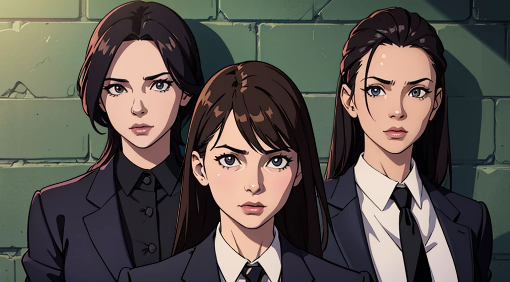(Best Quality, hight resolution, masutepiece:1.2), Ultra-detailed, (Realistic, Photorealsitic:1.37), Portrait, Three Women, (Group of women walking, :1.2), wears a suit, ties, Sunglasses, Brick wall, walking on street, Walk side by side, movie "Reservoir Dog", Brick wall background, Woman in black, modern attire, screen capture, Fully clothed, Sexy, outlaw, shirt art, defiance, badlands, Old movies, High resolution skin, (Cinematic lighting: 1.2 ), beautifully detailed eyes, Highly detailed face, of the highest quality, detailed hairs, Exquisite facial features, Perfect face, From above, Wider Lens, It is a photorealistic space where you can stare at the camera, Crushic Movies, 4K, 8K, 32K, Cinematic
