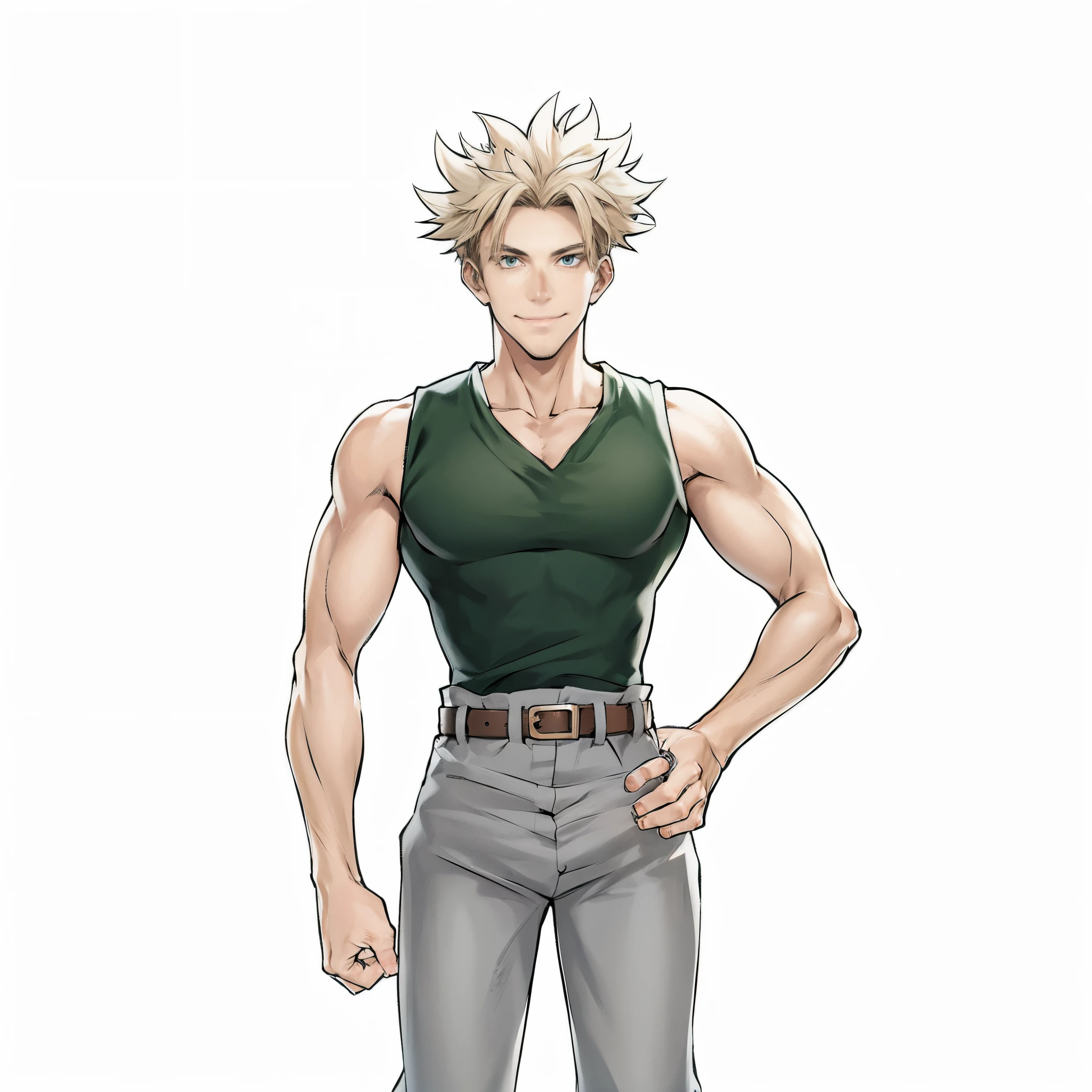 Anime, anime 2d, young man, black shirt, blueneyes,  grey pants, blond hair, short hair, messy hair, smiling, muscular, 4k, masterpiece, good anathomy