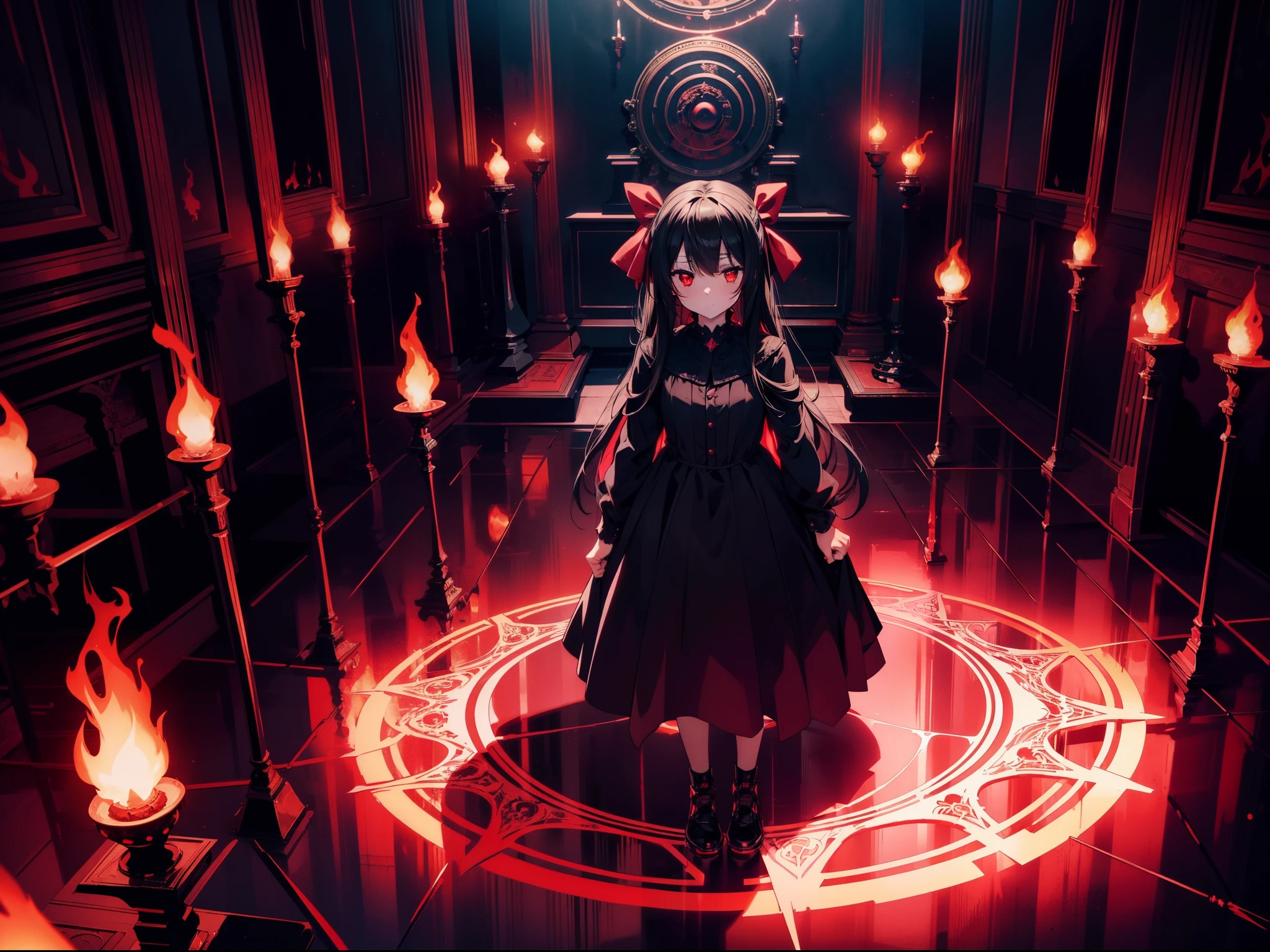 1 loli girl , standing, (( on black flame circle)) , in red room, (front above) ,((dark lighting)) ,full body,(((black flame))) , concept art, fantasy art, cinematic lighting , cinematic angle , (rape face) ,black long straight hair, black hair, hair ribbon , red eyes,black dress, (glowing eyes), (((horror))) ,(background Torture room),((masterpiece)), ((best quality)), ((ultra-detailed)), (illustration), ((an extremely delicate and beautiful))
