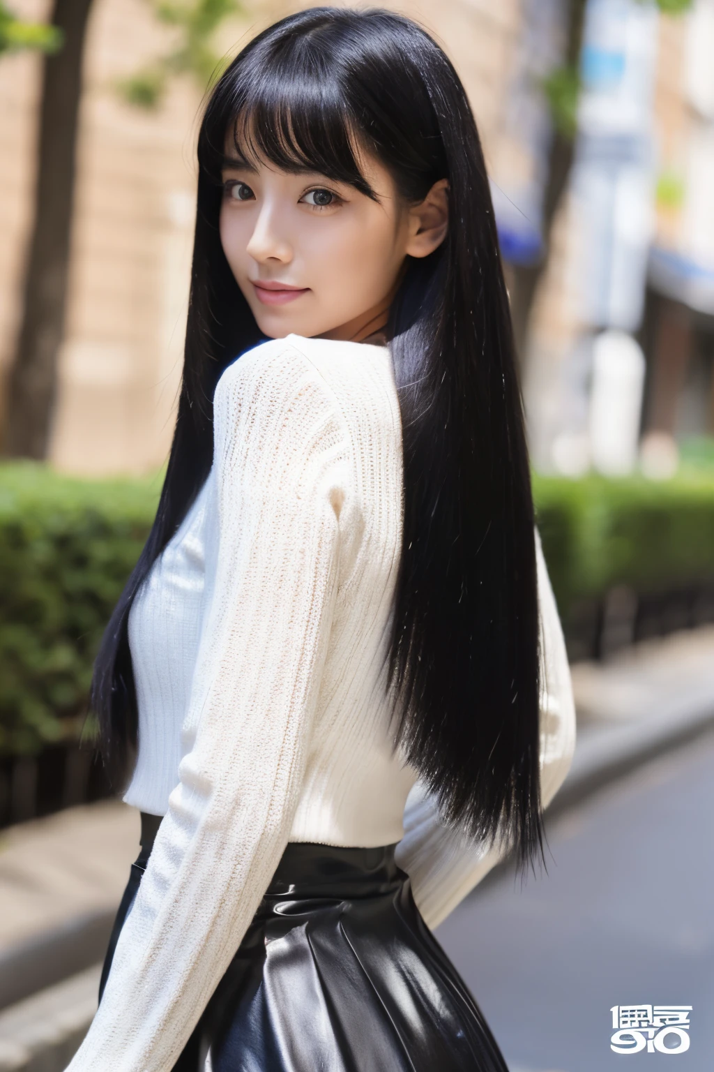 ((top-quality、in 8K、masterpiece:1.3))、foco nítido:1.2、Beautiful woman perfect body:1.4、Slim abs:1.2、((Longhaire、straight haired:1.2))、(Long sleeve knit、tight skirts:1.1)、(Sateen、a street:1.2)、wetbody:1.5、Three-dimensional texture、A detailed eye、Black hair、Very shiny hair、posterior view、Hair quality improvement