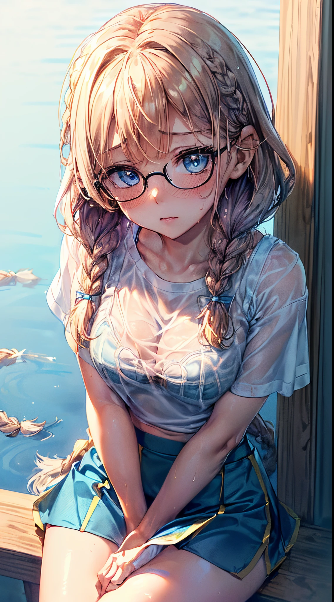 1womanl,Golden head hair, ,((Impatient expression)),Beautiful breasts,(((Thin white t-shirt))),well-styled,,(Facing the front)(((Blushing cheeks、Surprised look)),(((short braid))),((( Portrait from the knee up)))Frameless glasses,Blue eyes,(((Bangs are aligned)))((see -through))((sexy blue bra,))(Wet with water),(((Micro Tight Skirt)))