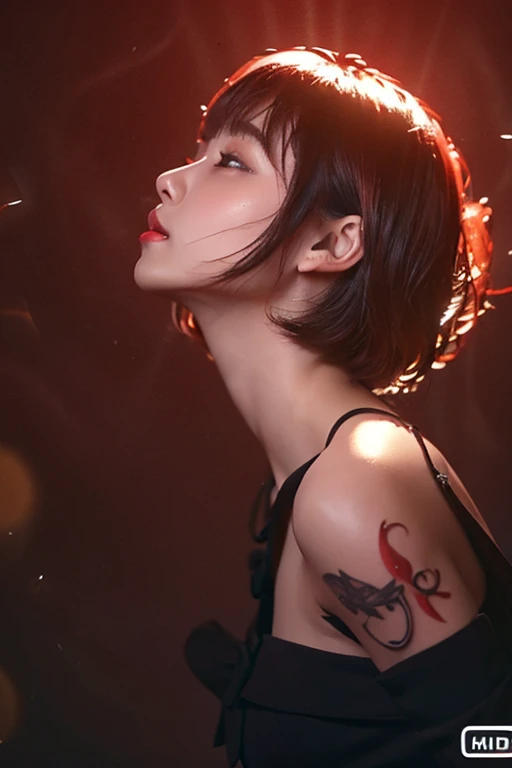 (top-quality、8k、32k、​masterpiece、UHD:1.2)、Photo of a cute Japanese woman、huge breast、Wet lips、Profile turned around、Very short hairstyle red hair、Illumination background、Black dress、Skinny、tattoo in arm