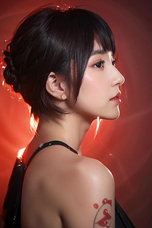 (top-quality、8k、32k、​masterpiece、UHD:1.2)、Photo of a cute Japanese woman、huge breast、Wet lips、Profile turned around、Very short hairstyle red hair、Illumination background、Black dress、Skinny、tattoo in arm