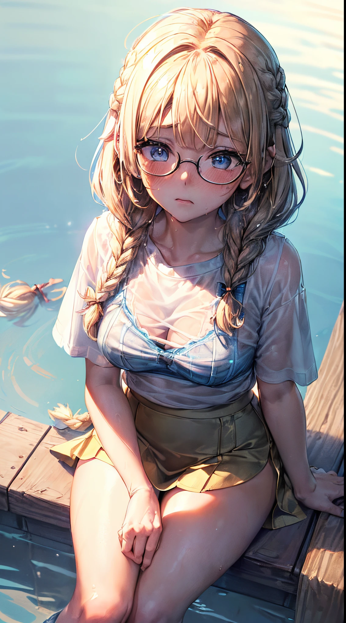 1womanl,Golden head hair, ,((Impatient expression)),Beautiful breasts,(((Thin white t-shirt))),well-styled,,(Facing the front)(((Blushing cheeks、Surprised look)),(((short braid))),((( Portrait from the knee up)))Frameless glasses,Blue eyes,(((Bangs are aligned)))((see -through))((sexy blue bra,))(Wet with water),(((Micro Tight Skirt)))
