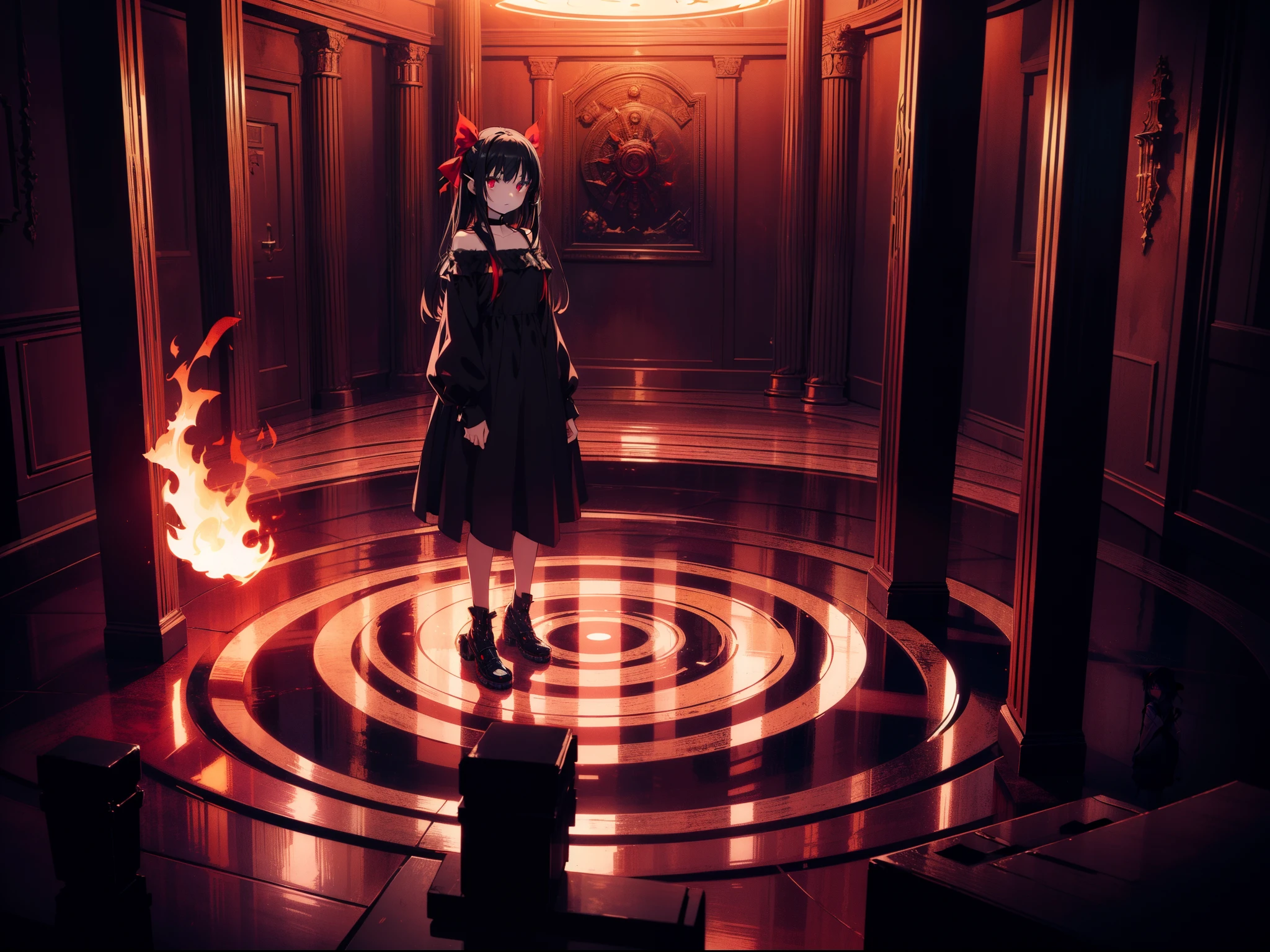 1 loli girl , standing, (( on black flame circle)) , holding flame, in red room, (front above) ,((dark lighting)) ,full body,(((black flame))) , concept art, fantasy art, cinematic lighting , cinematic angle , (???? face) ,black long straight hair, black hair, hair ribbon , red eyes,black dress, (glowing eyes), (((horror))) ,(background ??????? room),((masterpiece)), ((best quality)), ((ultra-detailed)), (illustration), ((an extremely delicate and beautiful))