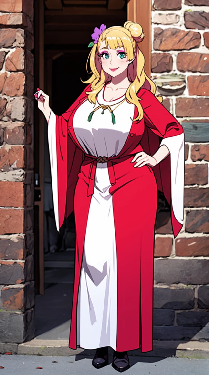 galko,1girl, solo, smile, full body, standing, long skirt, priestess, religious, holy, cute, blush, ,tall female, medieval clothing, white veil, tunic, long skirt,boots, huge brest, curvy,sexy, sensual, volouptouse, thicc, , jade green eyes, makeup, half lipstic,pink lipstick, halflipstick