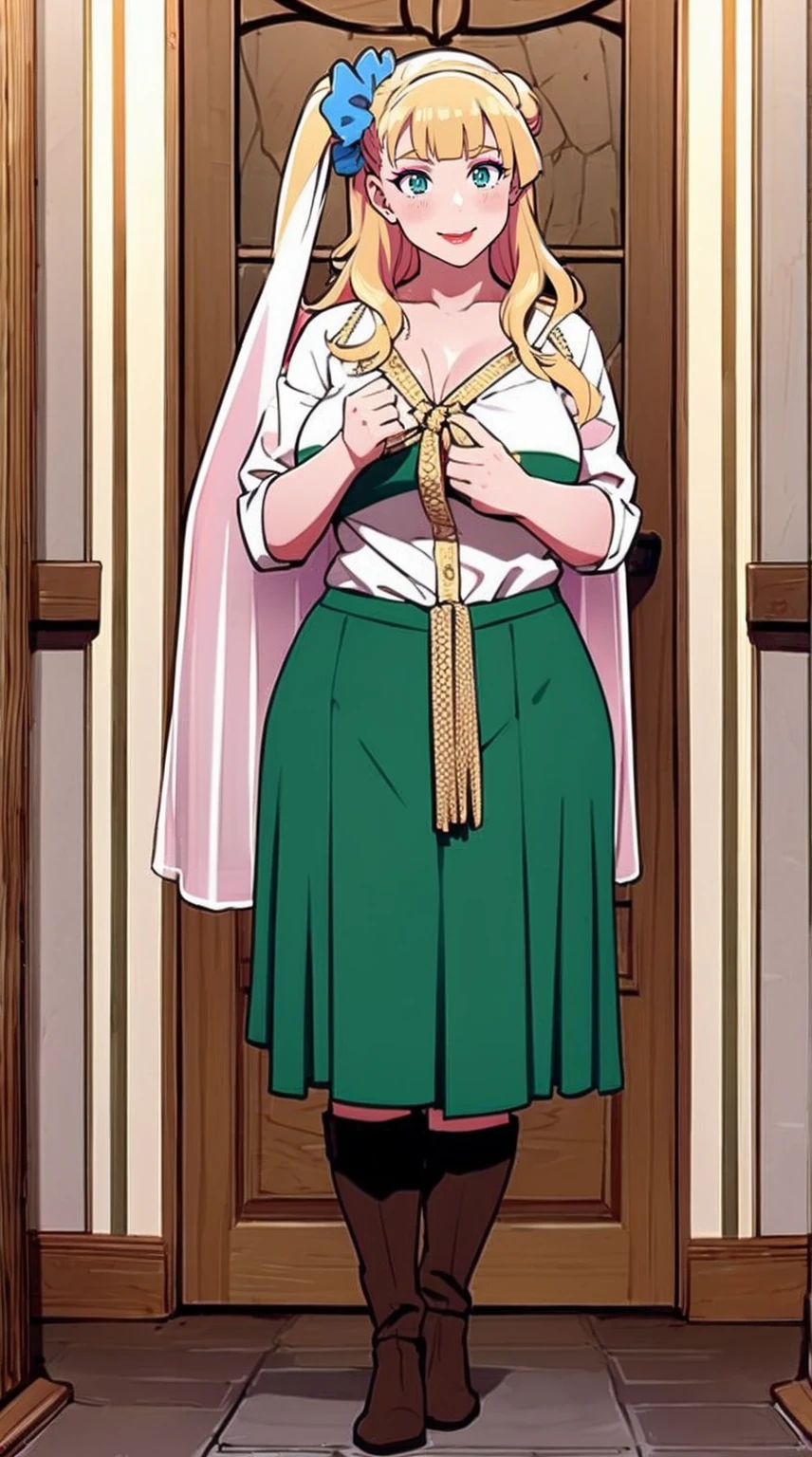 galko,1girl, solo, smile, full body, standing, long skirt, priestess, religious, holy, cute, blush, ,tall female, medieval clothing, white veil, tunic, long skirt,boots, huge brest, curvy,sexy, sensual, volouptouse, thicc, , jade green eyes, makeup, half lipstic,red lipstick