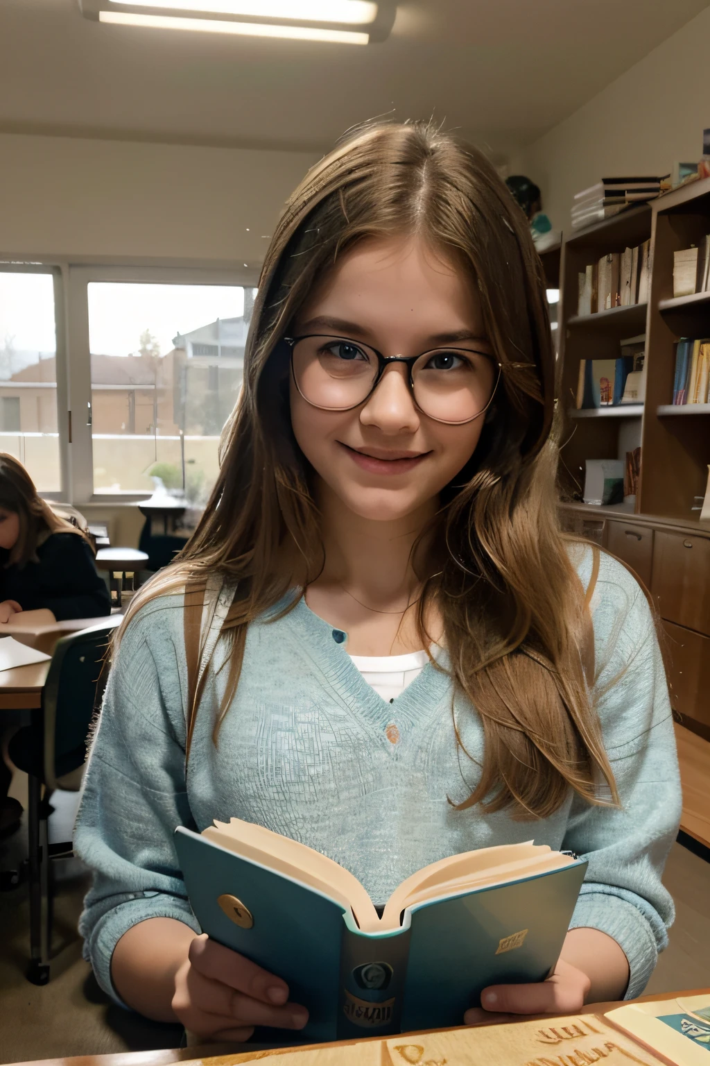 a with glasses reading a book, Reading a new book, Holding a book, Reading a book, young girl, 16 yee eyes, white skin, blonde hair, reading a book, detention books, book in hand, girl with glasses , young and beautiful girl, with a very happy, contagious smile, holding a giant book, environment one step back, large room, panoramic view of the deep room, brightly lit, books on the table, the girl in the foreground, ultra realistic . Happy to be studying.