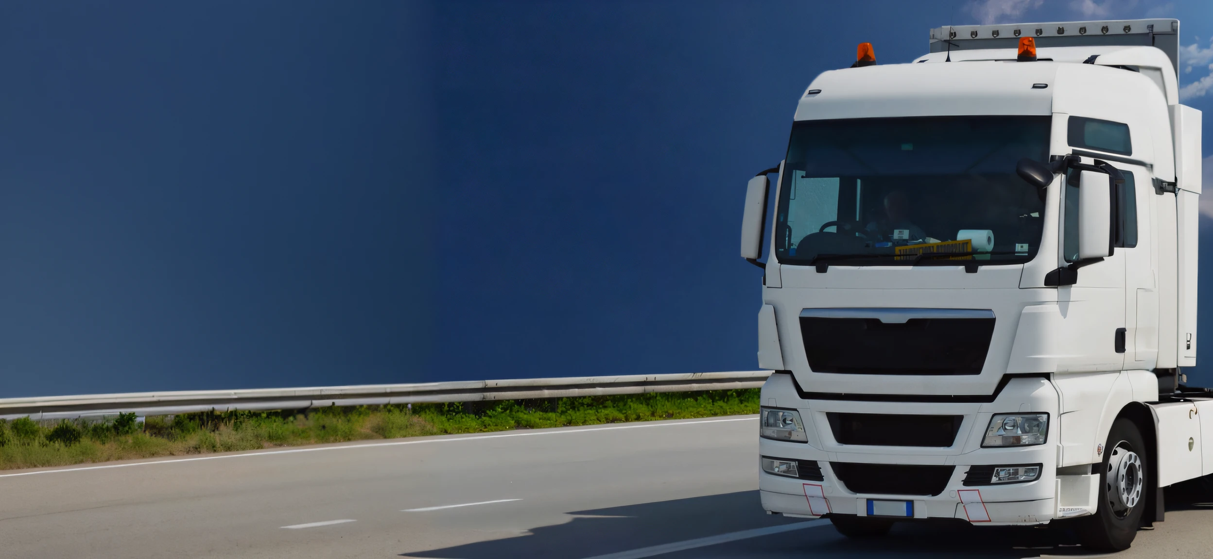 One white truck is driving along the highway against a blue sky, one truck on the highway, Full width, Commercial banner, Detailed zoom photo, Primordial and clean design, Clear, Smooth Lines, rectangle, vibrant and dynamic, facing forward, Wide screenshot, portrait shot, Forward tilt angle, Complete device, Wide, long distant shot