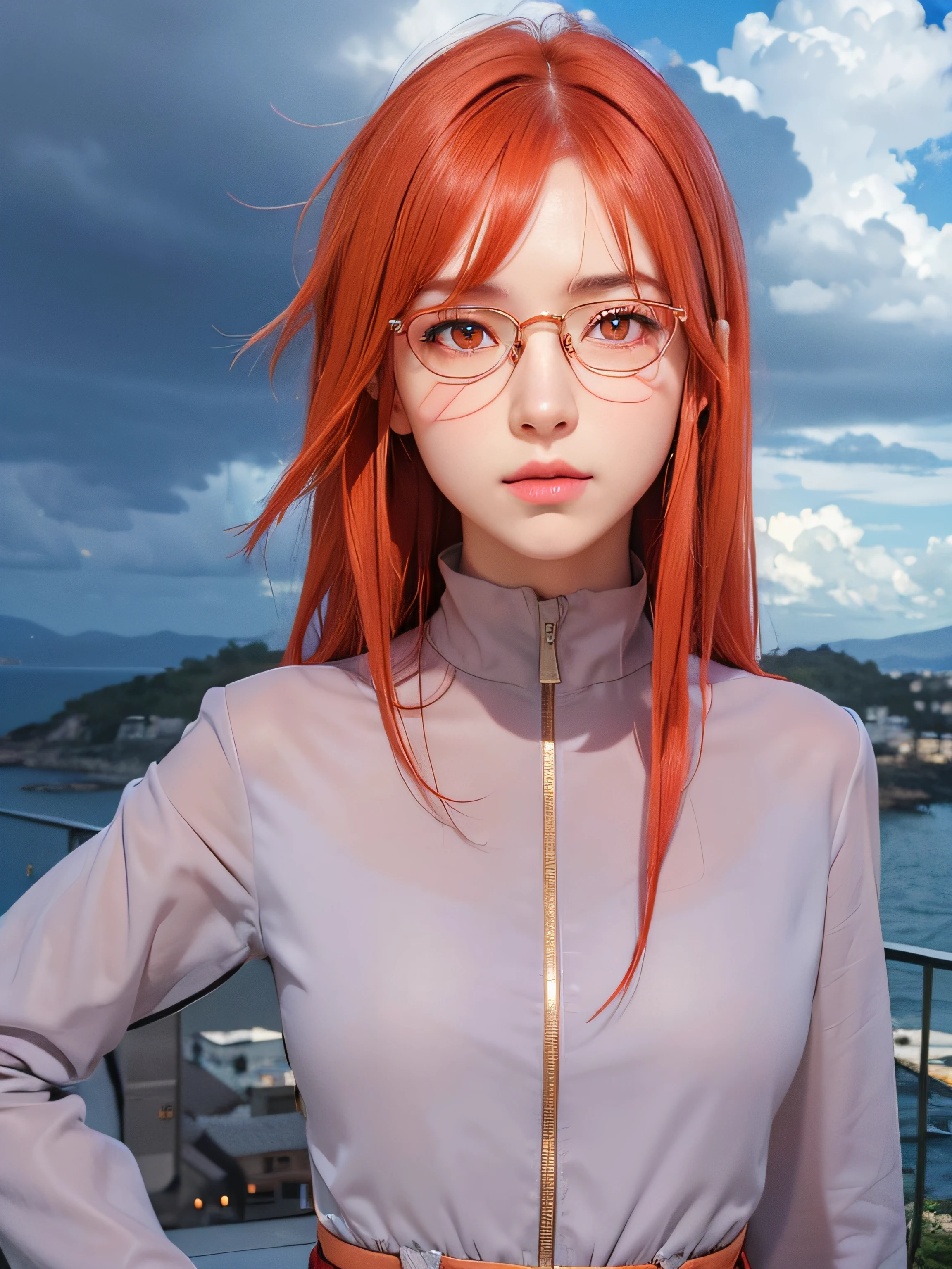 masterpiece, best quality, (realistic,photo-realistic:1.4), (RAW photo:1.2), extremely detailed CG unity 8k wallpaper, delicate and beautiful, amazing,finely detail, official art, absurdres, incredibly absurdres, huge filesize, ultra-detailed,extremely detailed eyes and face,light on face,sarada,(little smile),(red hair:1.4),(long hair:1.4),(wearing :1.5),karin uzumaki,garden,cat ears,(wearing glasses:1.4),(red eyes:1.5),(wearing purple jacket:1.4)