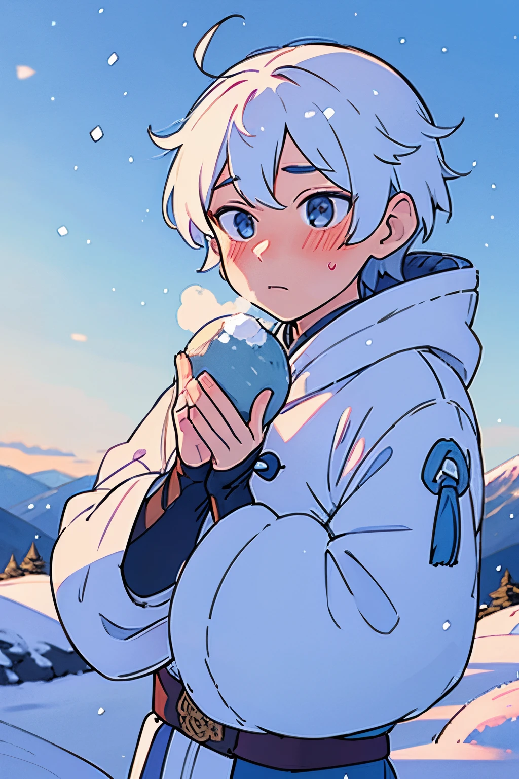 chongyun, in a snowy mountain, holding a snowball in his hands, blushing