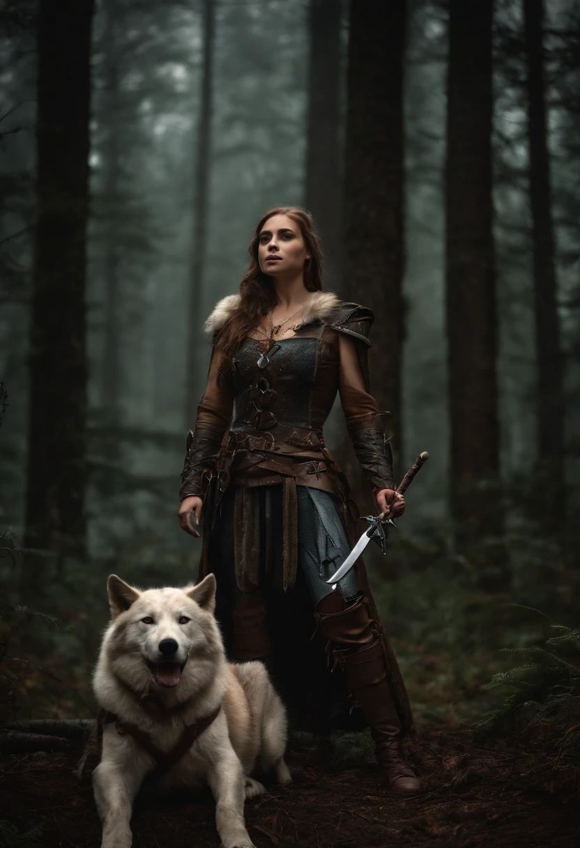Fantasyart, The art of cosplay, dark fantasy art, super wide shot, raw, realisticlying, Photo of female human ranger and her wolf pet, Ranger, A delicate and beautiful human woman, cabellos largos dorados, Braided hair, green-eyed, wearing leather armor, dressed in (redcloak: 1.1), armed with (The sword: 1.3), Wearing lace-up boots, Standing in the dark forest at night, (with mist rising from the ground: 1.3), Feelings of fear, But she is brave and fearless, Her wolf pet stands near her, Protect her, Dark fantasy forest background, Best quality at best, 16k, [ultra - detailed], tmasterpiece, Best quality at best, (ultra - detailed), full bodyesbian, super wide shot, photo-realism