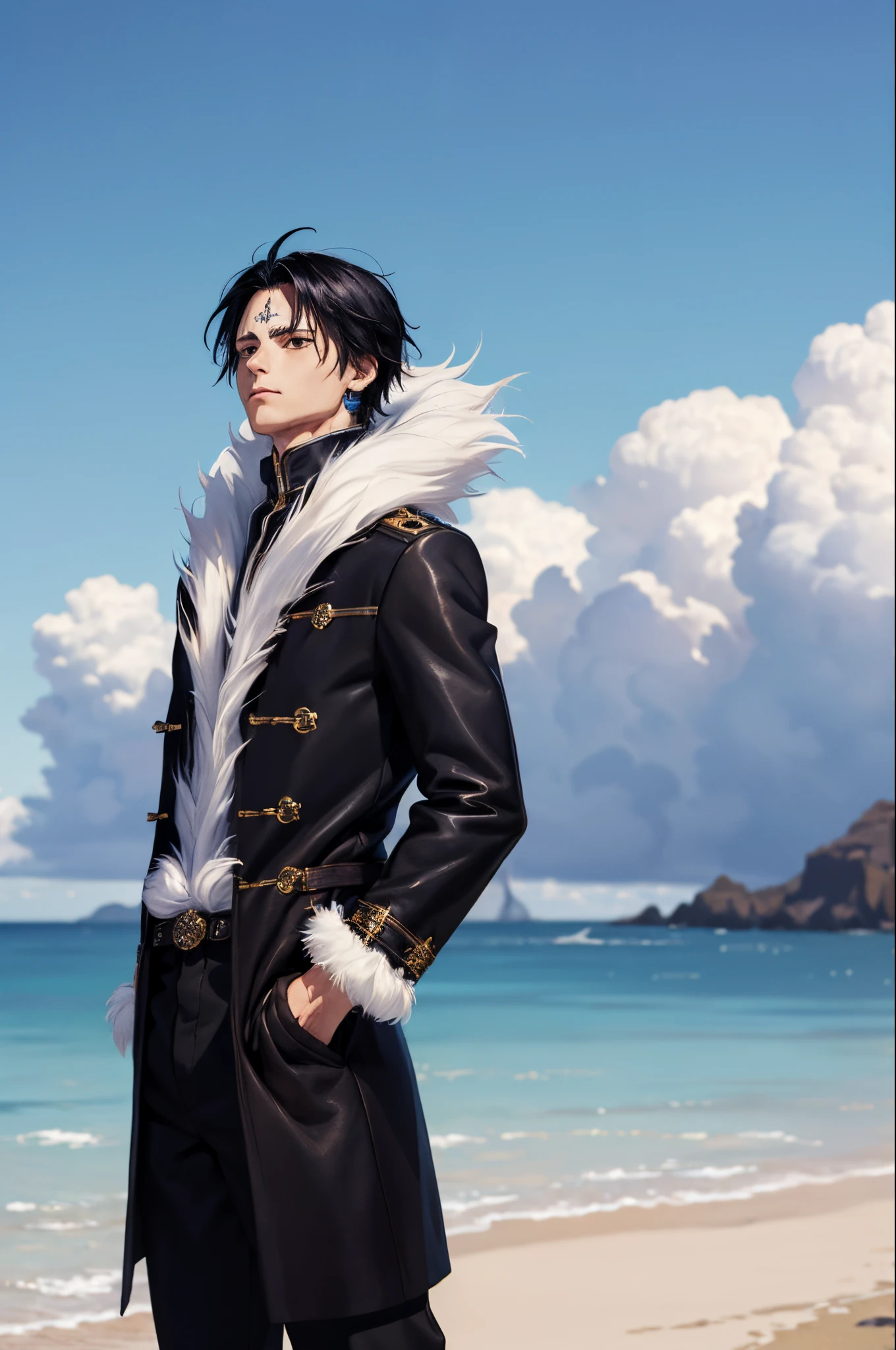 (masterpiece, best quality:1.2), cowboy shot, solo, male focus, 1boy, chrollo lucilfer, expressionless, closed mouth, hands in pockets, fur trim, black coat, open coat, long sleeves, black pants, jewelry