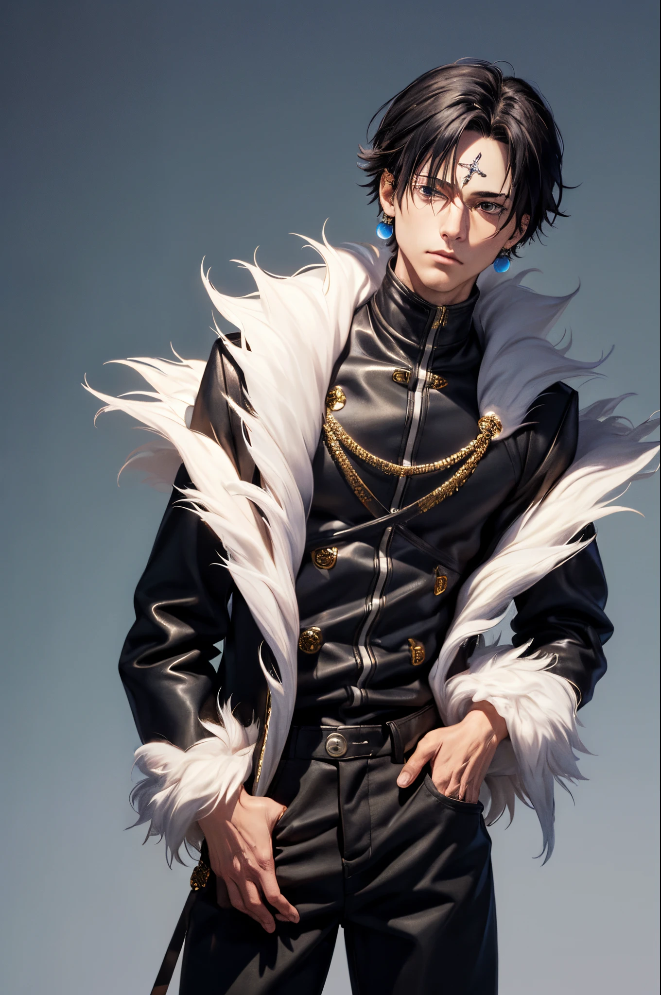 (masterpiece, best quality:1.2), cowboy shot, solo, male focus, 1boy, chrollo lucilfer, expressionless, closed mouth, hands in pockets, fur trim, black coat, open coat, long sleeves, black pants, jewelry