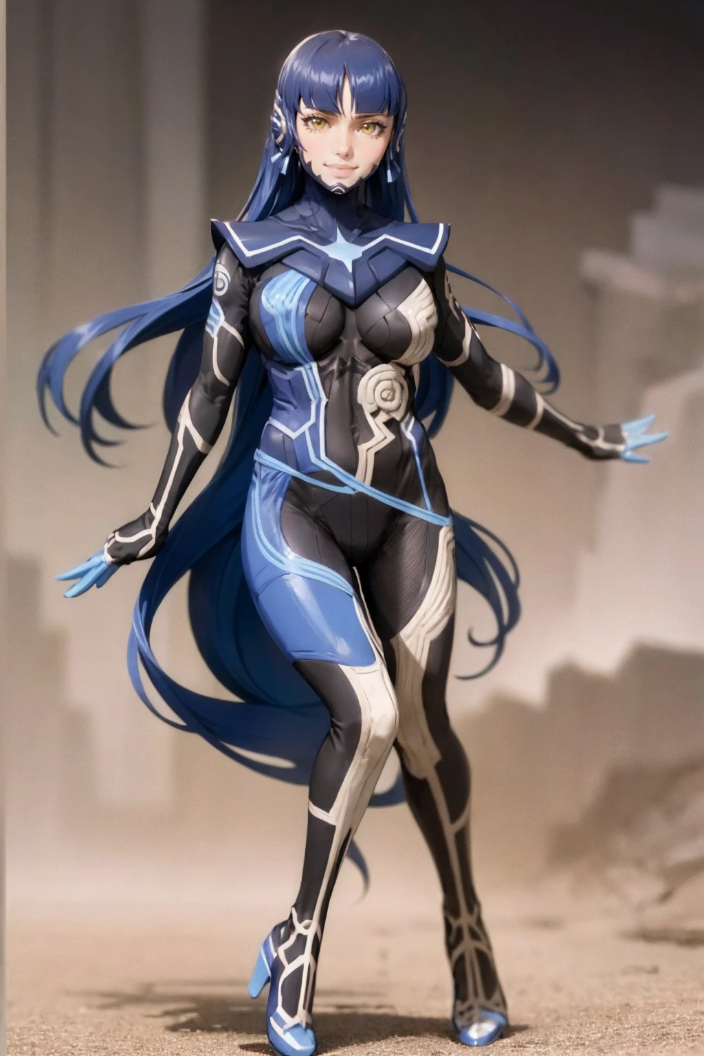 (masterpiece, best quality:1.2),full body, solo, female focus, 1girl, femenine, nahobino, smile, closed mouth, looking at viewer, arms at side, armor, bodysuit, medium breast