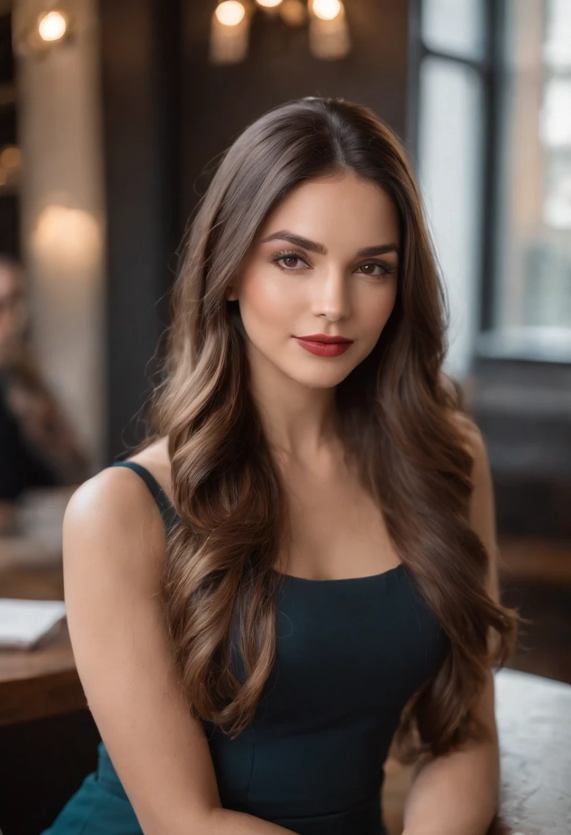 A photo of Isabella sitting in a cozy coffee shop, with a laptop open in front of her and a stack of sex education books beside her.,original,Dr. Isabella Marquez, the sex therapist, embodies an aura of effortless beauty with her long, flowing hair, striking features, and a warm, inviting smile that puts her clients at ease. Her style is both professional and alluring, often wearing chic, form-fitting dresses that complement her confident, graceful demeanor.