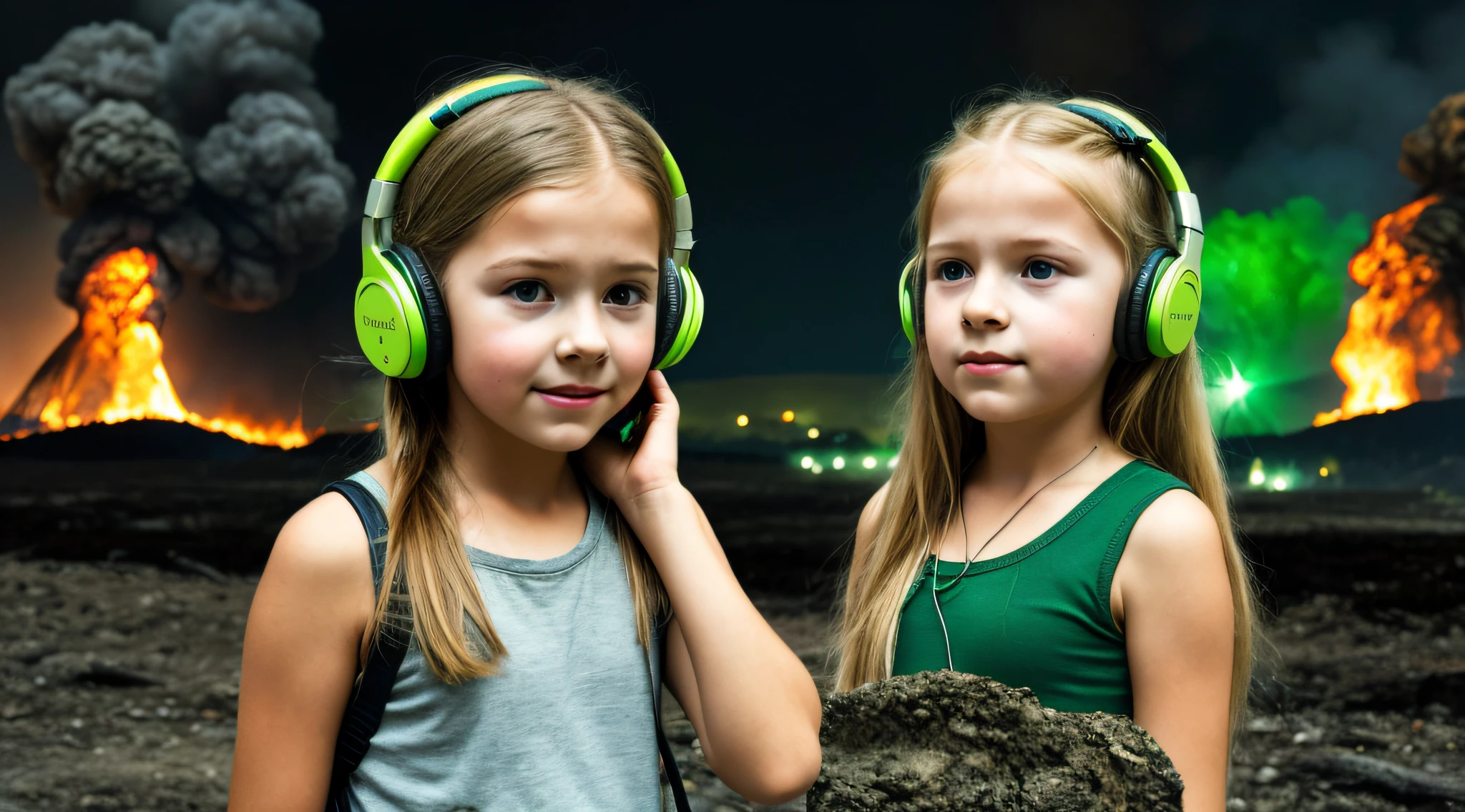 image of a CHILD girl BLONDE long hair with headphones and GREEN , nuclear explosion, fire, fogo, GREEN, VERDE. nuclear box.