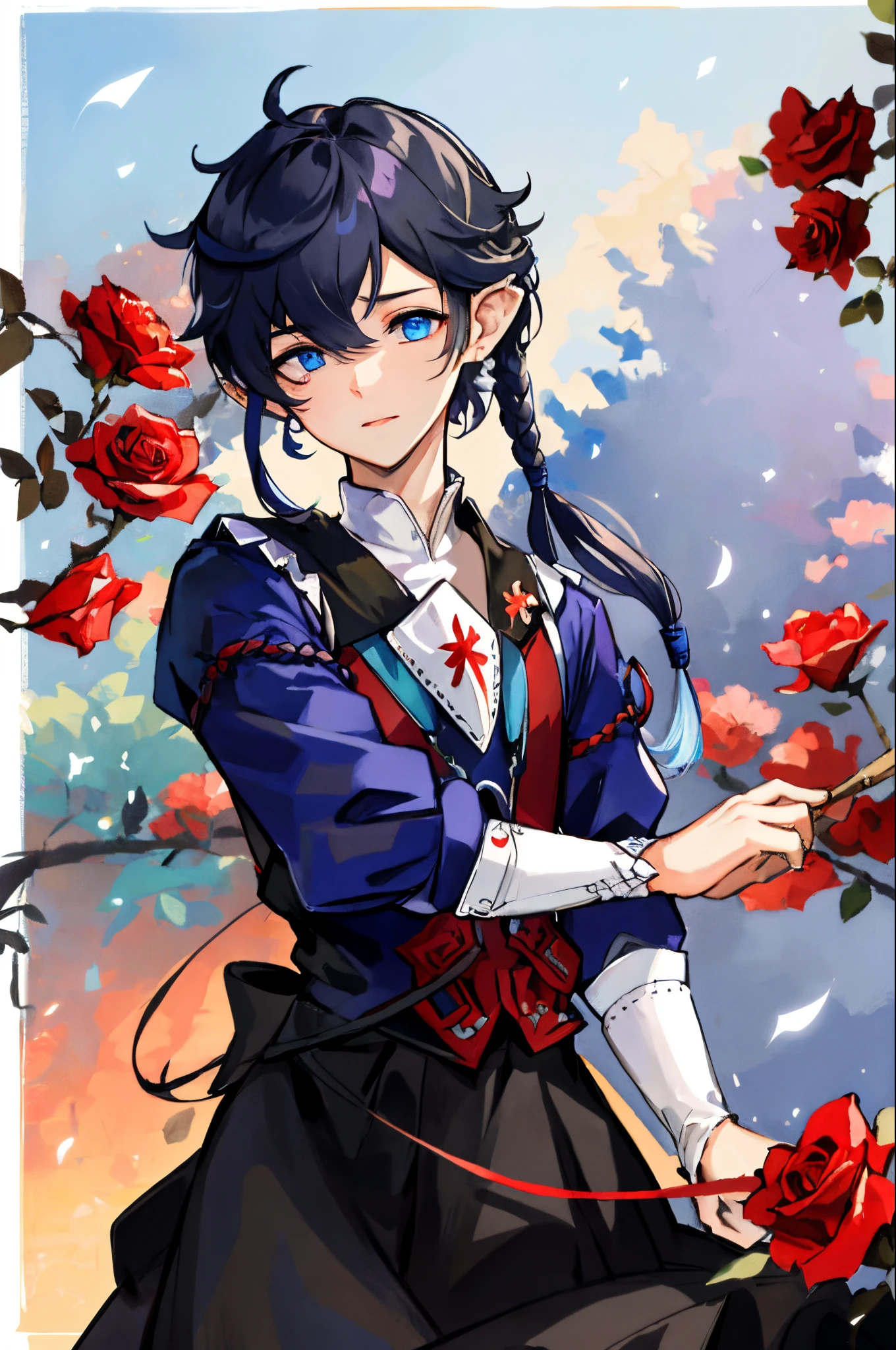 Alfinaux、looking at the viewers、blue eyess、The shirt、ngel、The upper part of the body、Braids、florals、Hair above one eye、Black shirt、single braid、roses、border、Red flowers、portraitures、braided ponytails、Keep flowers、Specular Highlights、A detailed face、A detailed eye、Detailed fabrics、Detailed skin、Art-Stick Hairstyle、Artistic backgrounds、Fantasia
