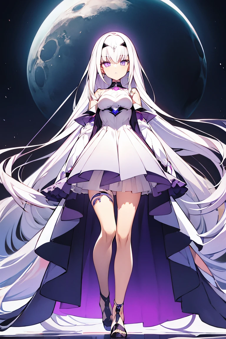 White-haired woman,Purple aura around,Beautiful purple eyes,White gauze dress, thin, Purple cloth covers all vital organs except the face............., Wear a knee-length white dress..............,The arm does not reach the top of the hip..............,The arms are small............, But the ligaments are very large..............,Soft hands,at night,white moon,turned sideways,Hair piercing