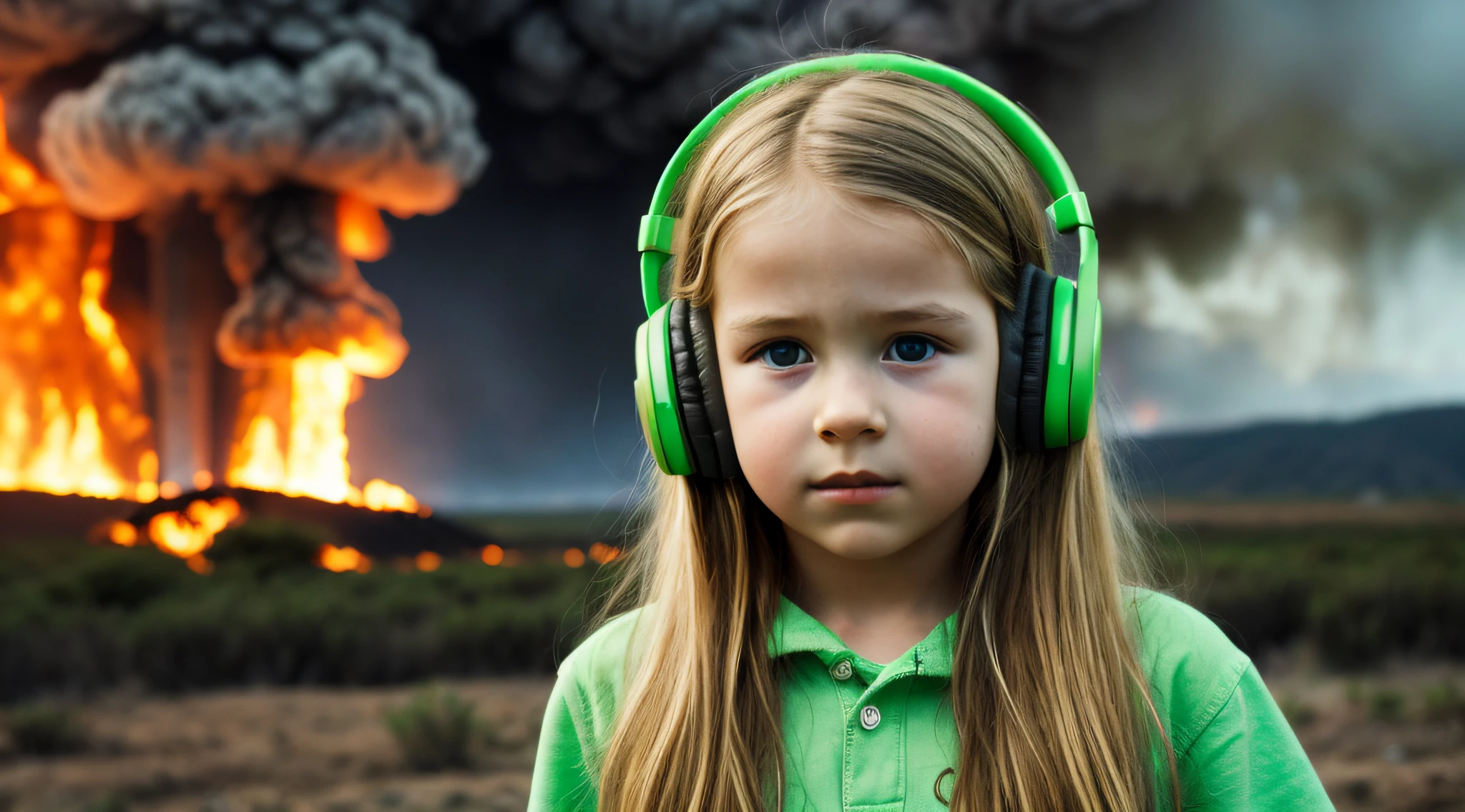 image of a CHILD girl BLONDE long hair with headphones and GREEN , nuclear explosion, fire, fogo, GREEN, VERDE. nuclear box.