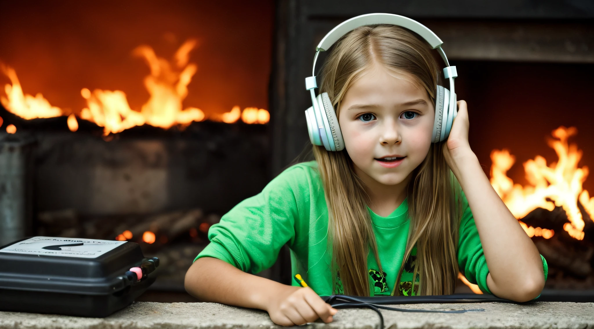 image of a CHILD girl BLONDE long hair with headphones and GREEN , nuclear explosion, fire, fogo, GREEN, VERDE. nuclear box.