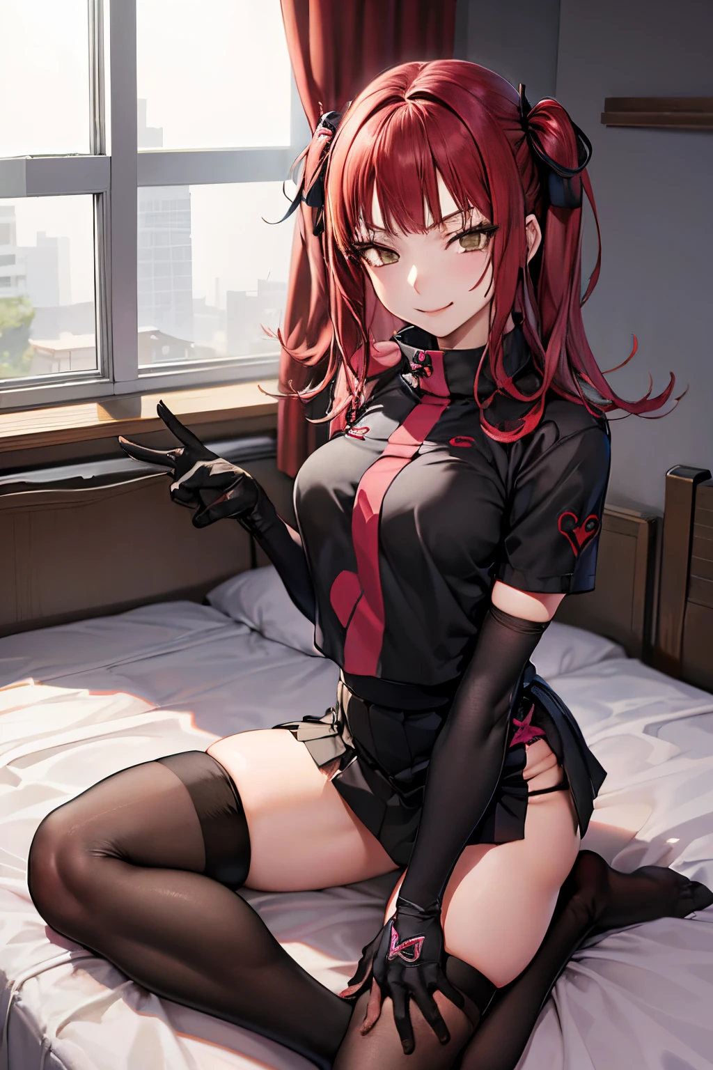 ((Best quality)), ((masterpiece)), (detailed), perfect face, ultra-detailed, 1 sexy girls, Appearance = beautiful, rock style, Young, perfect body, Perfect ass, punk hair, medium length, Interesting hairstyle, Red eyes, short black skirt with red checkered pattern, black stockings, transparent tank top, no bra, erotic lingerie. background = bedroom, outside = seductive pose, seduces, sexy, full length, sexy pose, shows ass, stands on all fours