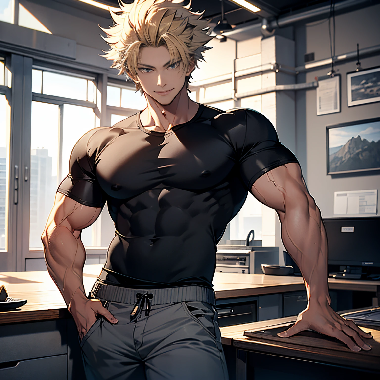 Young man, black shirt, grey pants, blond hair, short hair, messy hair, smiling, muscular, 4k, masterpiece, good anathomy